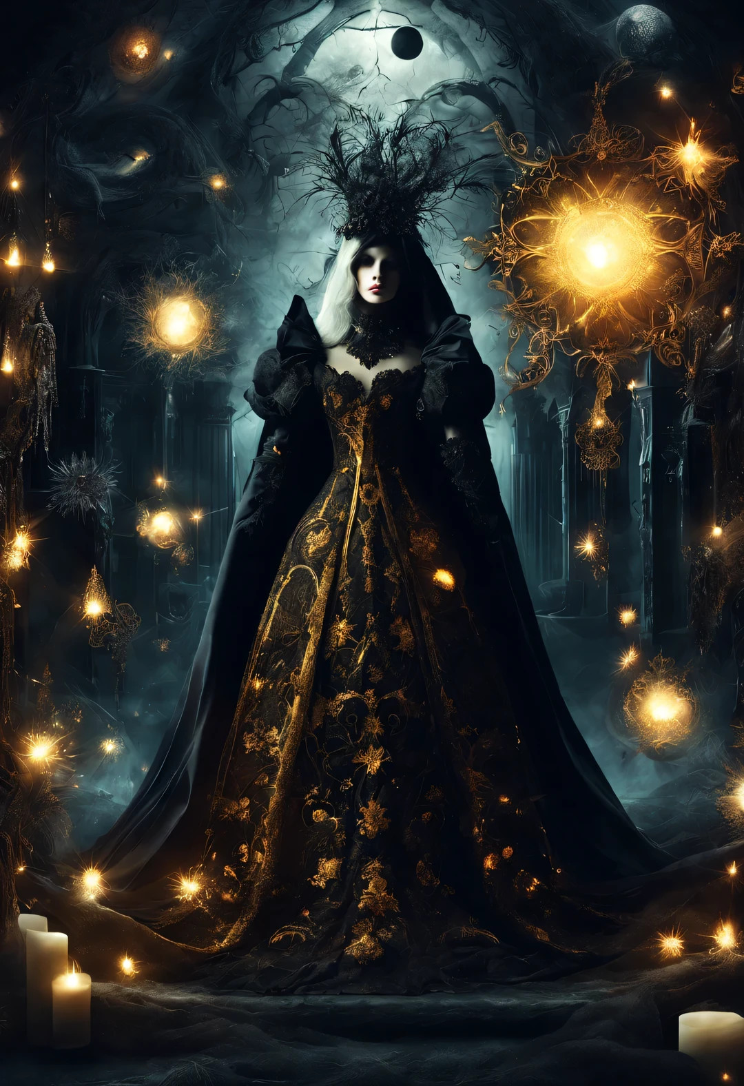 Gothic aesthetic fashion，Gothic clothing was heavily influenced by architecture， Their clothing is mostly characterized by vertical lines and folds..， Make the wearer look slim， And increase the height of the  by raising the hat， Gives people a light and upward feeling。Make the wearer look slim，And increase the height of the  by raising the hat，Gives people a light and upward feeling。red dress with lots of lace、Roses symbolize romance，grave、vampire、witch，