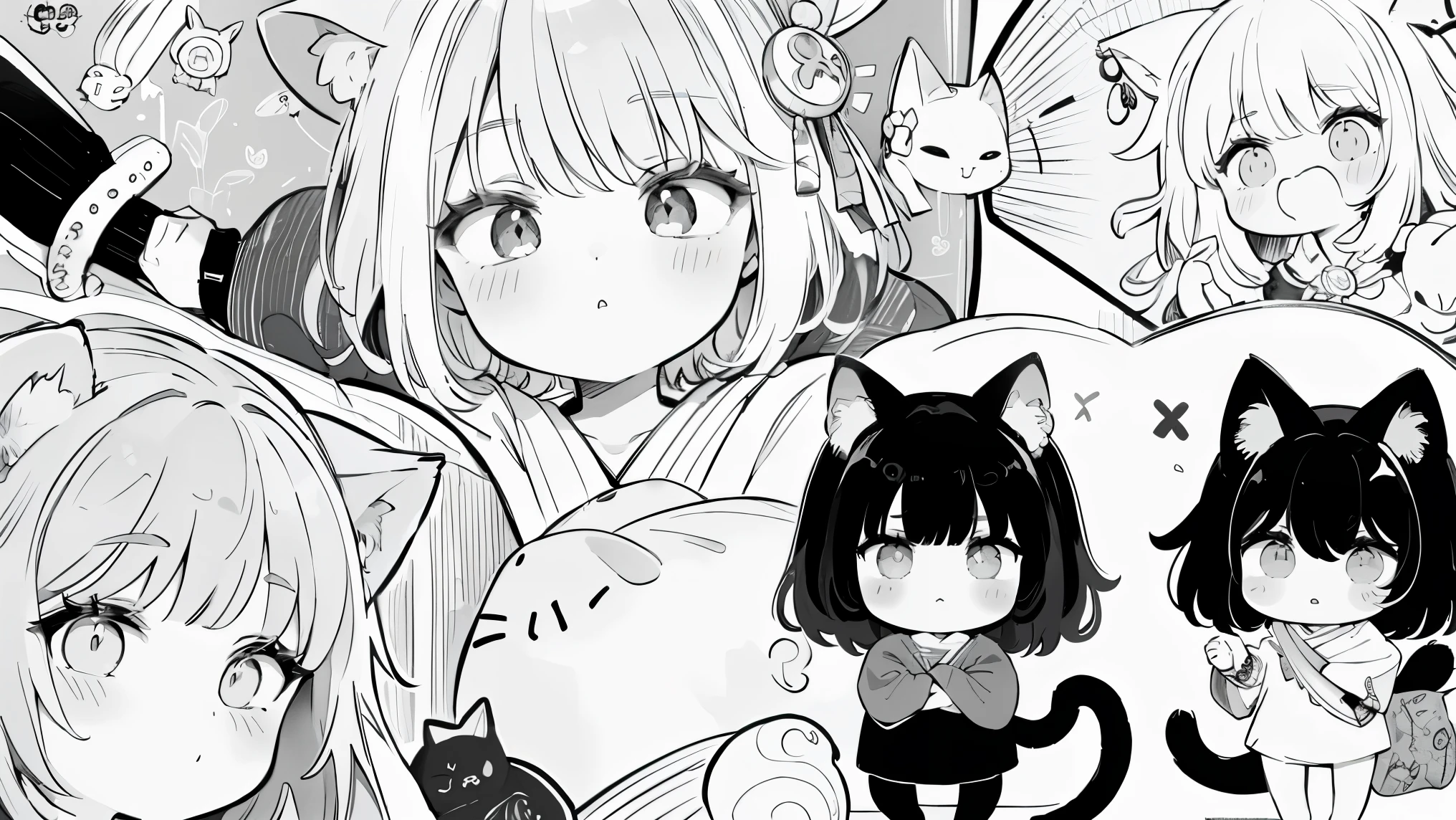 azhiichigo style,big eyes, thick lines, Mix patterns,cute,1 boy and cat with words, in the style of unique yokai illustrations, goth, whimsical cats, cult party kei, letras y figuras, monochrome, pattern explosion