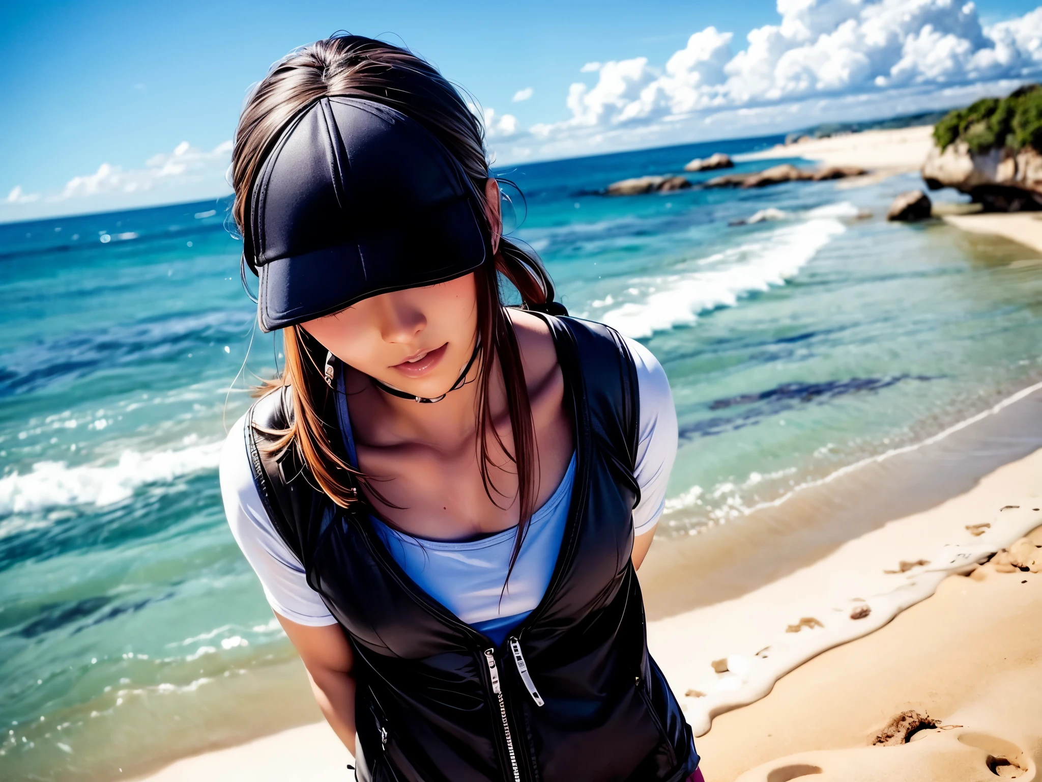 The girls are panicking as many drones come towards them, Beach, from below