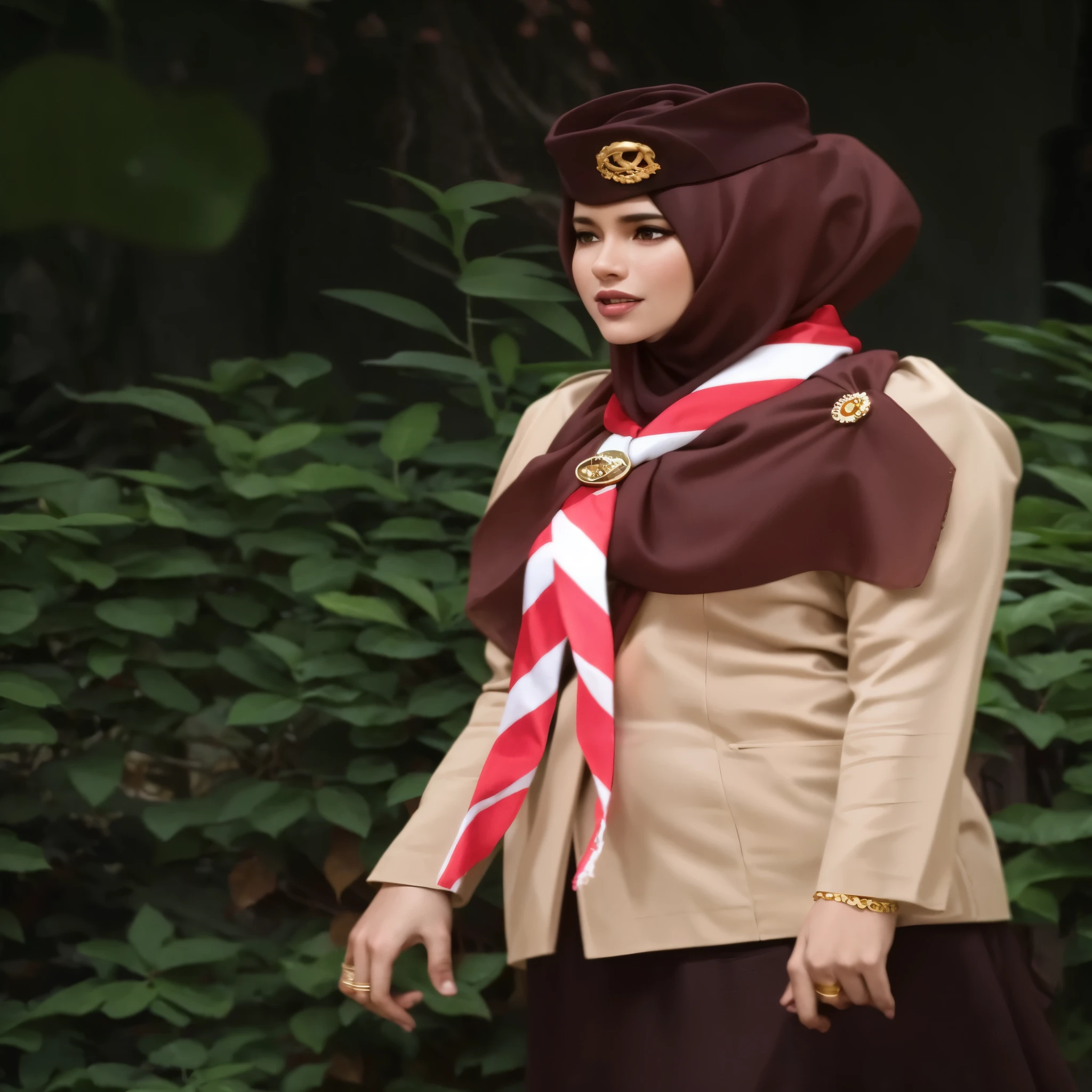 there is a woman in a brown and red outfit and a red and white scarf, hijab, inspired by Sasha Putrya, woman model, zenra taliyah, inspired by Ingrida Kadaka, wearing authentic attire, inspired by Nazmi Ziya Güran, inspired by Shaddy Safadi, shawl, with lovely look, inspired by Sarper Baran