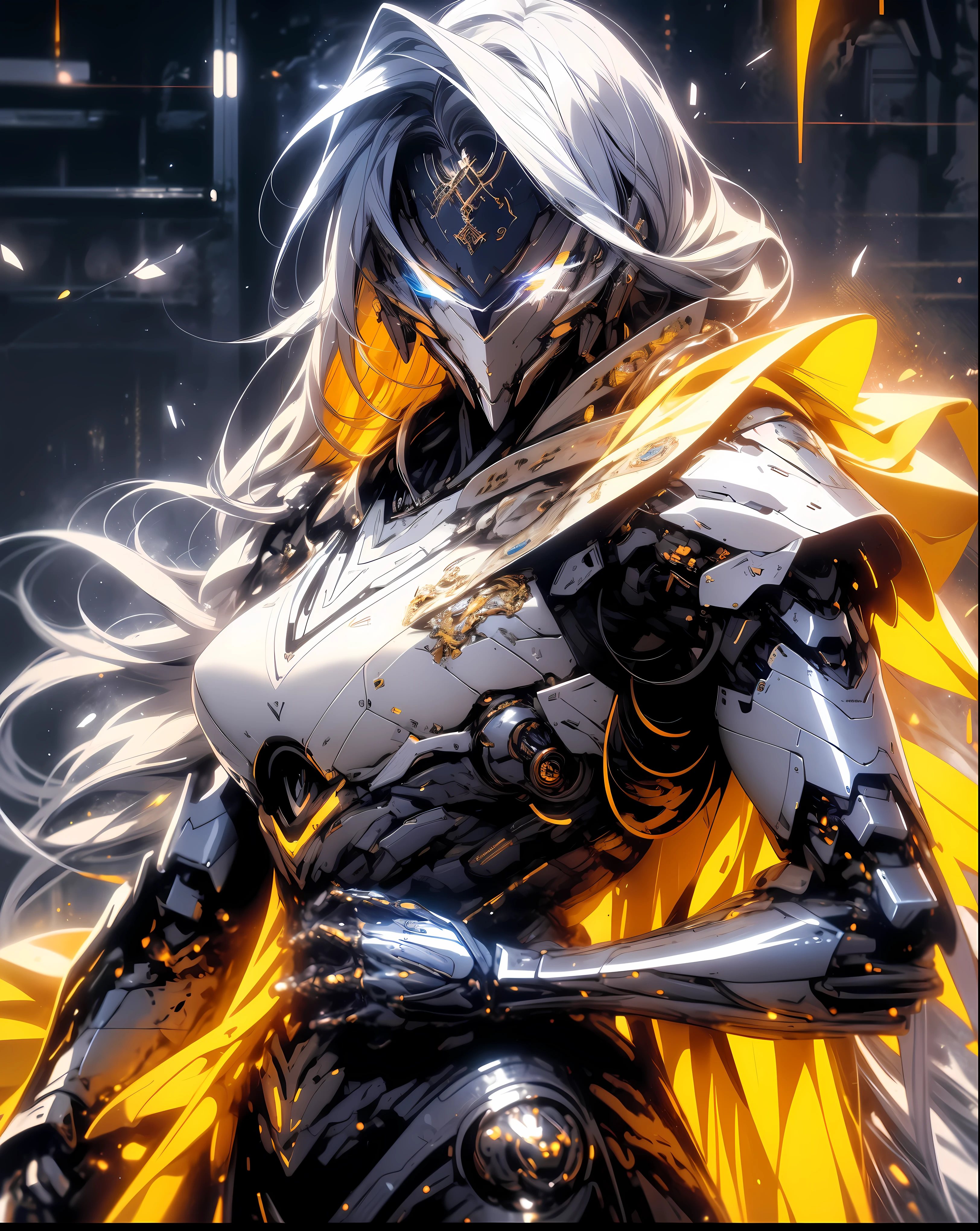 masterpiece , 8k quality , detailed image , a cute teenage girl , angry look , serious face , side angle , wearing mecha suite , black mask , badass , big breasts , clevaage , robotic panty , bueatiful eyes , glowing blue eyes , golden jacket , robotic feather , detailed eyes , detailed hairs , white hair , blue pupil looking at viewers