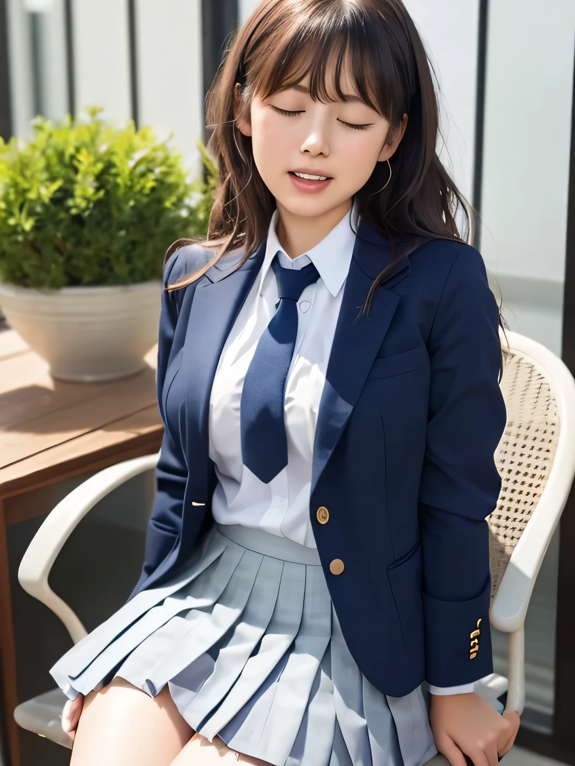 8k, highest quality, real image, intricate details, Super detailed, ultra high resolution, depth field,(realistic,realistic:1.2),from the middle, (closed my eyes:1.2), (open mouth:1.1), 1 Japanese girl, very beautiful 17 year old girl, Big eyes, beautiful breasts:1.5、highly detailed eyes:1.2), (beautiful breasts:1.1), (small breasts:1.5), wavy hair、curly hair、bangs, perfect skin, Fair skin, huge hips, thick thighs, thick legs, tight waist, sit in a chair, light blush, alone, (sob:1.1), (School_uniform),(dark blue blazer), (white shirt、wear a tie), (gray pleated skirt), (sculpture installation :1.1)