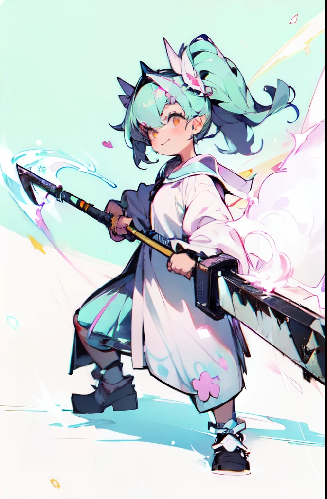 (cute illustration:1.5),(pastel colour:1.5),(cute,cute,sweet:1.2),
1 girl,alone,sticking out tongue、Laughing pastel color blouse,pastel color mini skirt full body,(open stance),
break
(fiercely glowing ax:1.5)
(He holds a huge ax in his hand:1.2),
(huge and cute weapon , huge and cute weapon:1.3),

office Street,
bold outline,flat color,Fine contours,pink outline,
nice hands, perfect hands,Hold the chain perfectly、A gigantic glowing ax、
８K, highest quality, masterpiece, super detailed、