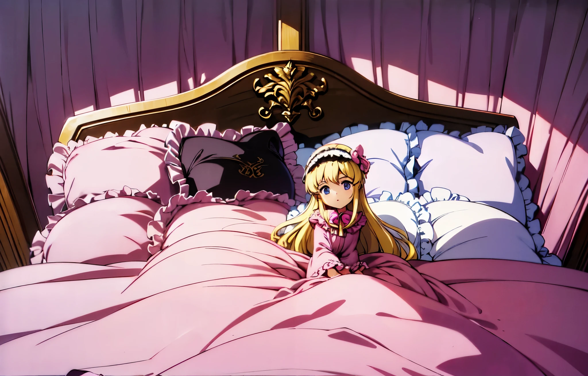 ,highest quality, masterpiece, highest resolution, artwork, super それにget used to it, many get used to it, get used to it, それにget used to it, 3K anime illustration,(( 10 year old girl)),Super detailed baby face,high quality small face,long blonde hair,blue eyes,白い肌のeuropean,pajamas, european,curly hair,blue eyes,((((ピンクのロリータファッションのlong skirtのワンピースドレス)))),((フリルとリボンがたっぷりついたピンクの可愛らしいpajamas)),((Luxurious headdress with frills and ribbons)),detailed headdress,,(((big yoke collar))),Yoke collar with ruffles and ribbons,((((long sleeve)))),ruffle sleeves,((((long skirt)))),white ruffle and lace socks,large frill and ribbon pillow,(((Nice pink outfit))),豪華なcanopy bedの上,canopy bed,The bed is surrounded by luxurious curtains,many frilly pillows on the bed,There are many frilly pillows behind the girl.,super detailed background,detailed bed,soft pink comforter,Highly detailed soft ruffle pillow,Beautiful girl illustration,detailed beautiful face,fine hair,detailed eye ,detailed eyes,detailed mouth, arm details,fine hands,Detailed pillow,wide bed,Illustration on the bed, ,((((round futon)))),((((A large ruffled futon that covers the entire bed)))),detailed comforter,detailed bedシーツ,Before bedtime,romantic atmosphere,palace bedroom,((((The lower half of the body is hidden under a large futon...)))) The girl is leaning on a pile of pillows, ,((((round futon)))),((((A large ruffled futon that covers the entire bed)))),