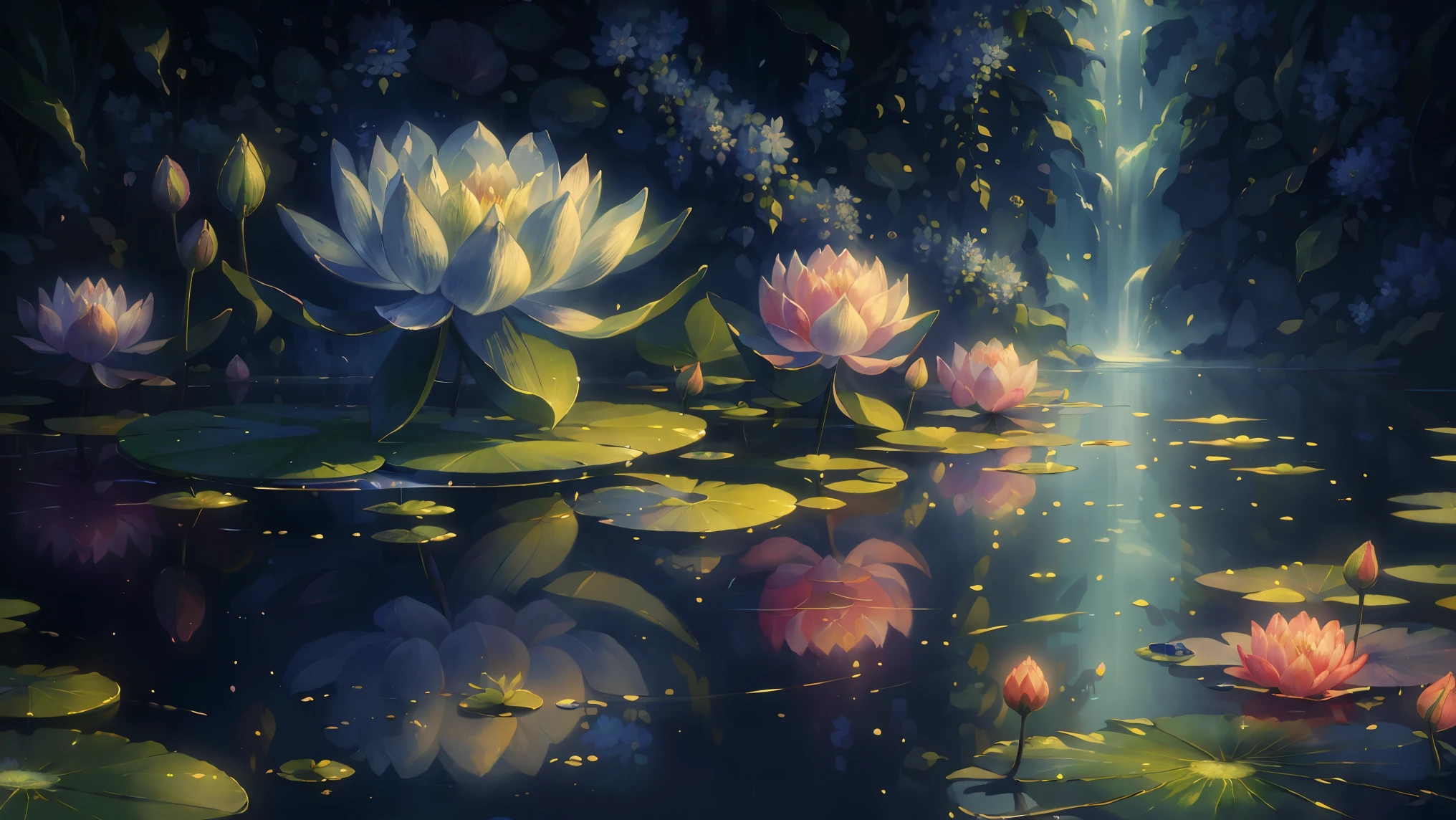 (best quality,4k,8k,highres,masterpiece:1.1), vibrant colors, water lily, delicate petal, serene landscape, realism, RGB lighting.