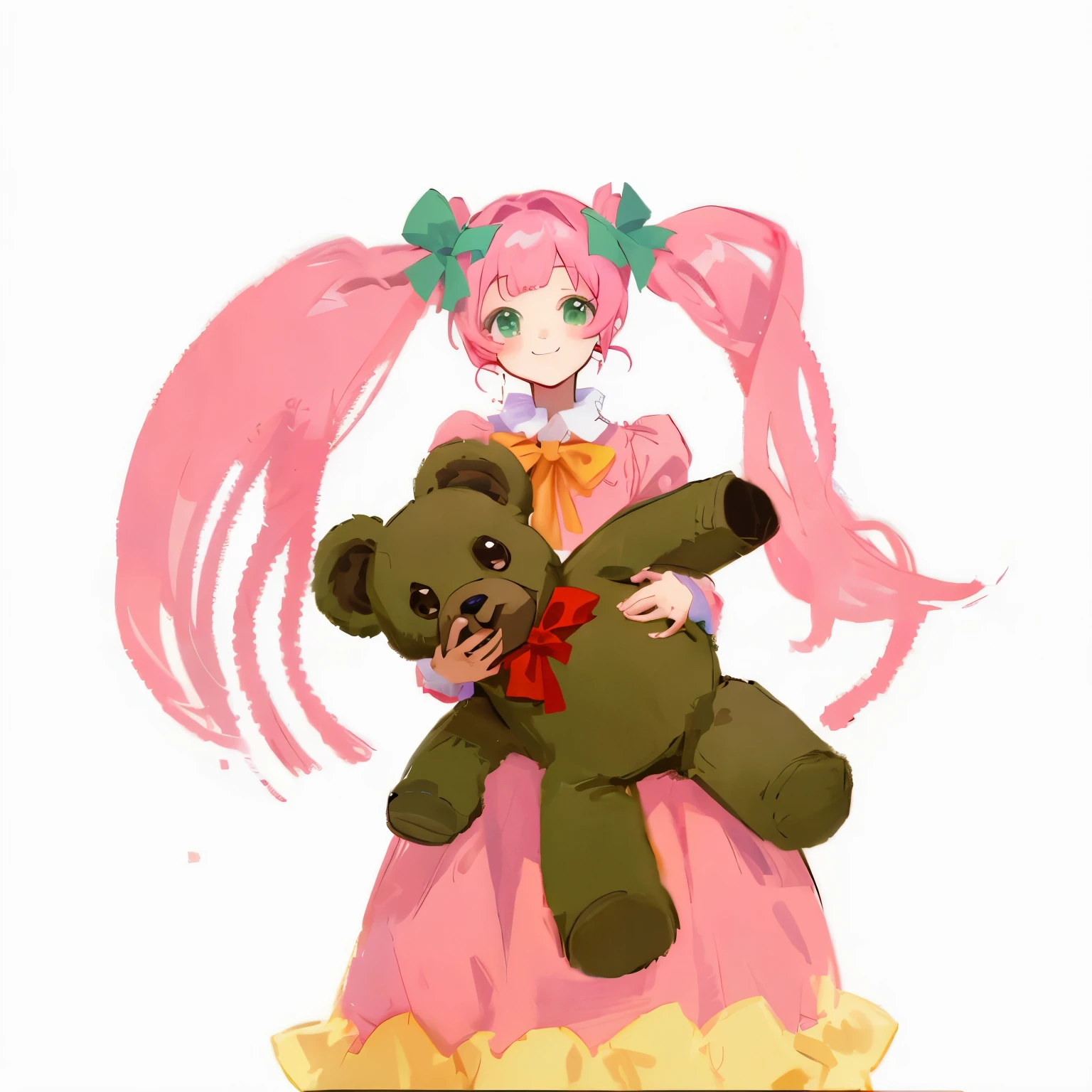 masterpiece, High resolution, screenshot, highest quality, 1 girl, pink hair、twin tails、pink dress、white frill at neck、yellow frill、brown teddy bear with red ribbon、green ribbon、smiling girl、green hair ornament