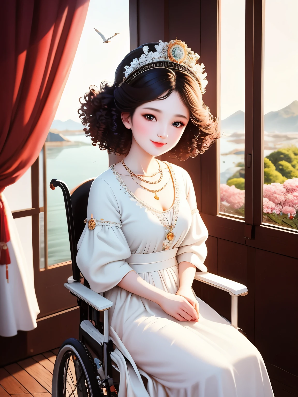 A curly-haired beauty sitting in a wheelchair，Classy and elegant，Friendly and charming smile, The innocent look of the girl next door，Eyes are very delicate，perfect fingers.，necklace，（（（hair accessories））），White long skirt、Looking at the scenery outside the room window，flowers bloom，（（（There are birds flying around）））（（best quality））， （（intricate details））， （（Surrealism））（8k）