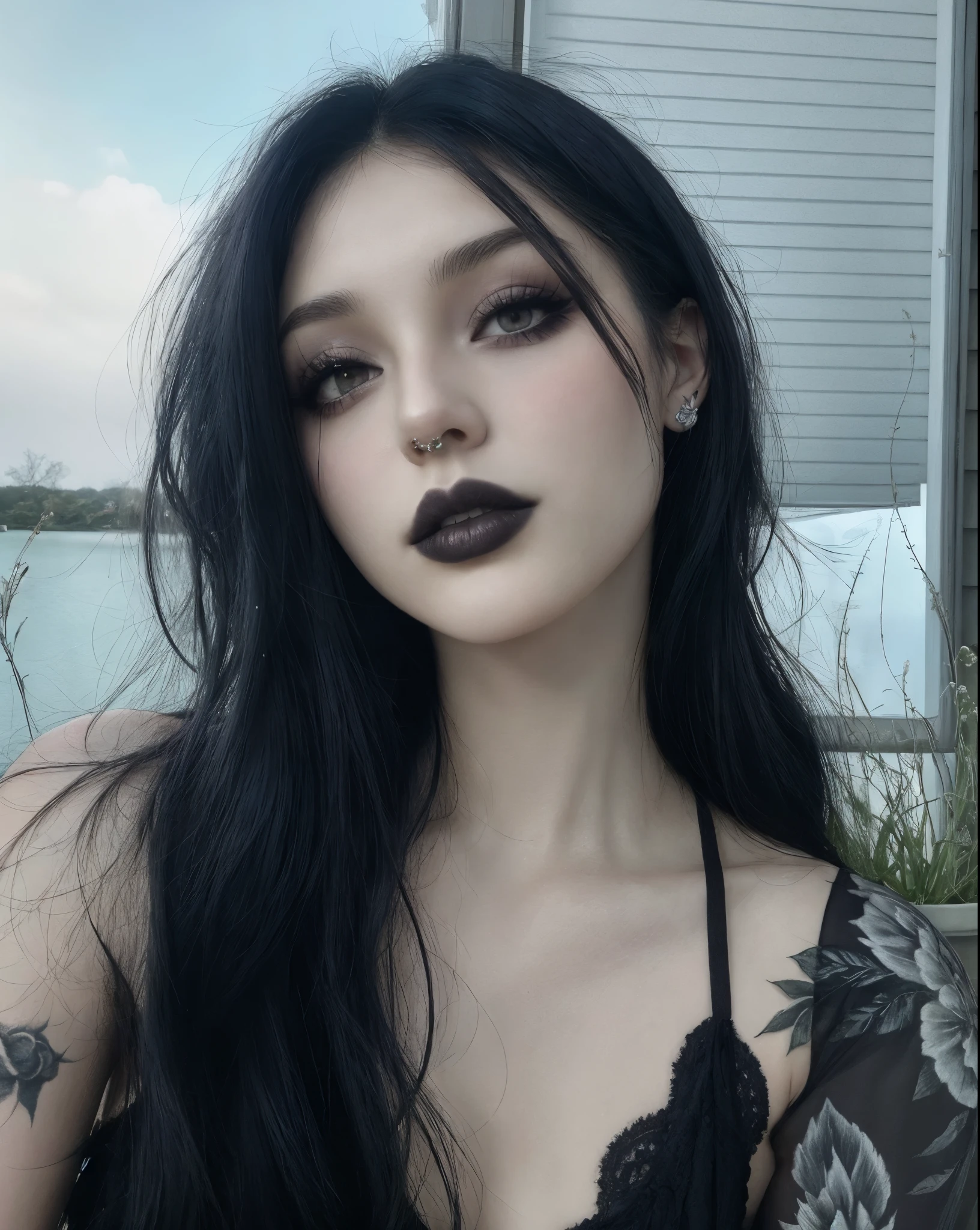 mulher arafa com cabelo preto e piercings posando para uma foto, pale gothic beauty, goth girl aesthetic, 1 7 year old goth girl, Kim jennie, wearing gothic makeup, piercing de septo, cabelos escuros e maquiagem, jennie, gothic makeup, maquiagem escura, gothic aesthetic, olhar sensual, pale skin and dark eyes, com cabelos longos e olhos penetrantes, Gothic eyeliner
