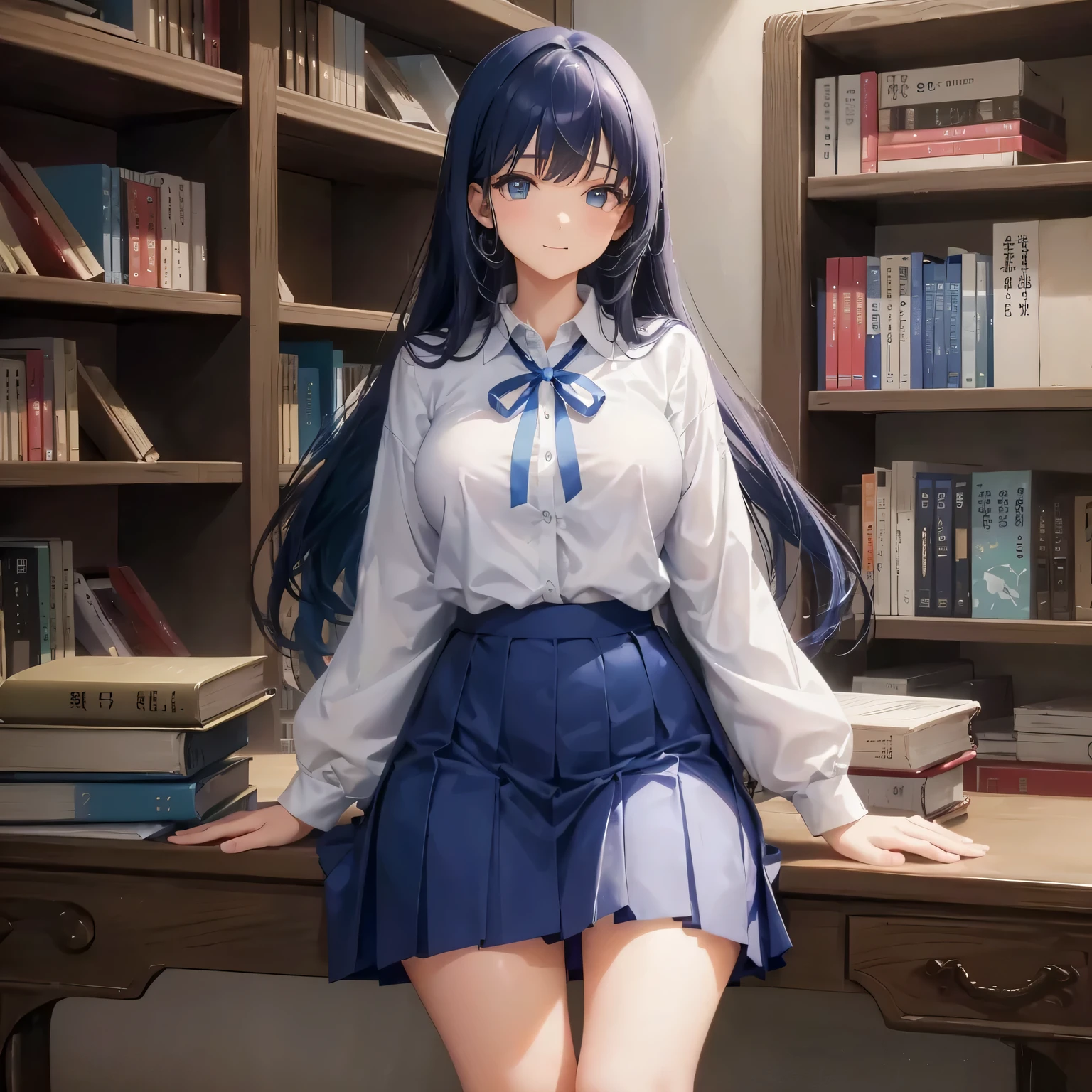 1 high school girl alone high school uniform White Y shirt long sleeve blue ribbon dark blue hair color dark blue hair color big breasts sit on a chair library Japanese 学校のlibrary bookshelf loafers full body portrait slim body shape Laugh a little long leggings skirt emphasize the thighs