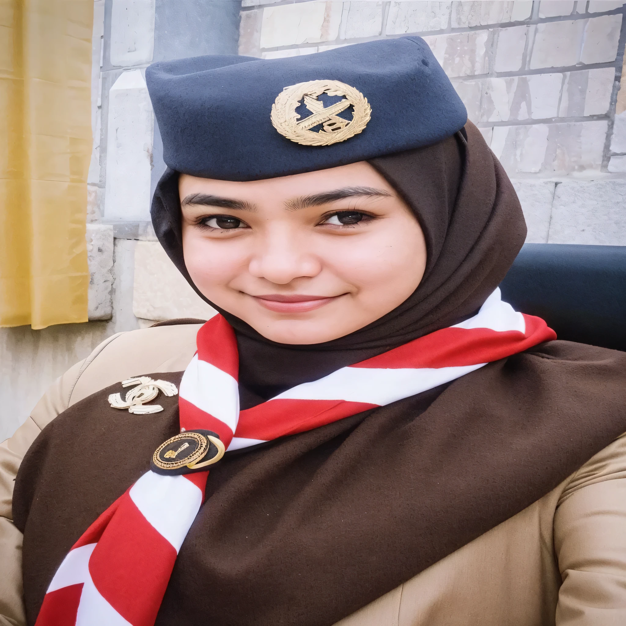 there is a woman wearing a brown and red scarf and a brown hat, zenra taliyah, serena malyon, faridah malik, in uniform, proud look, hijab, h. kyoht luterman, full protrait, post graduate, proud smirk, sakimi chan, wearing authentic attire, profile picture 1024px, inspired by JoWOnder