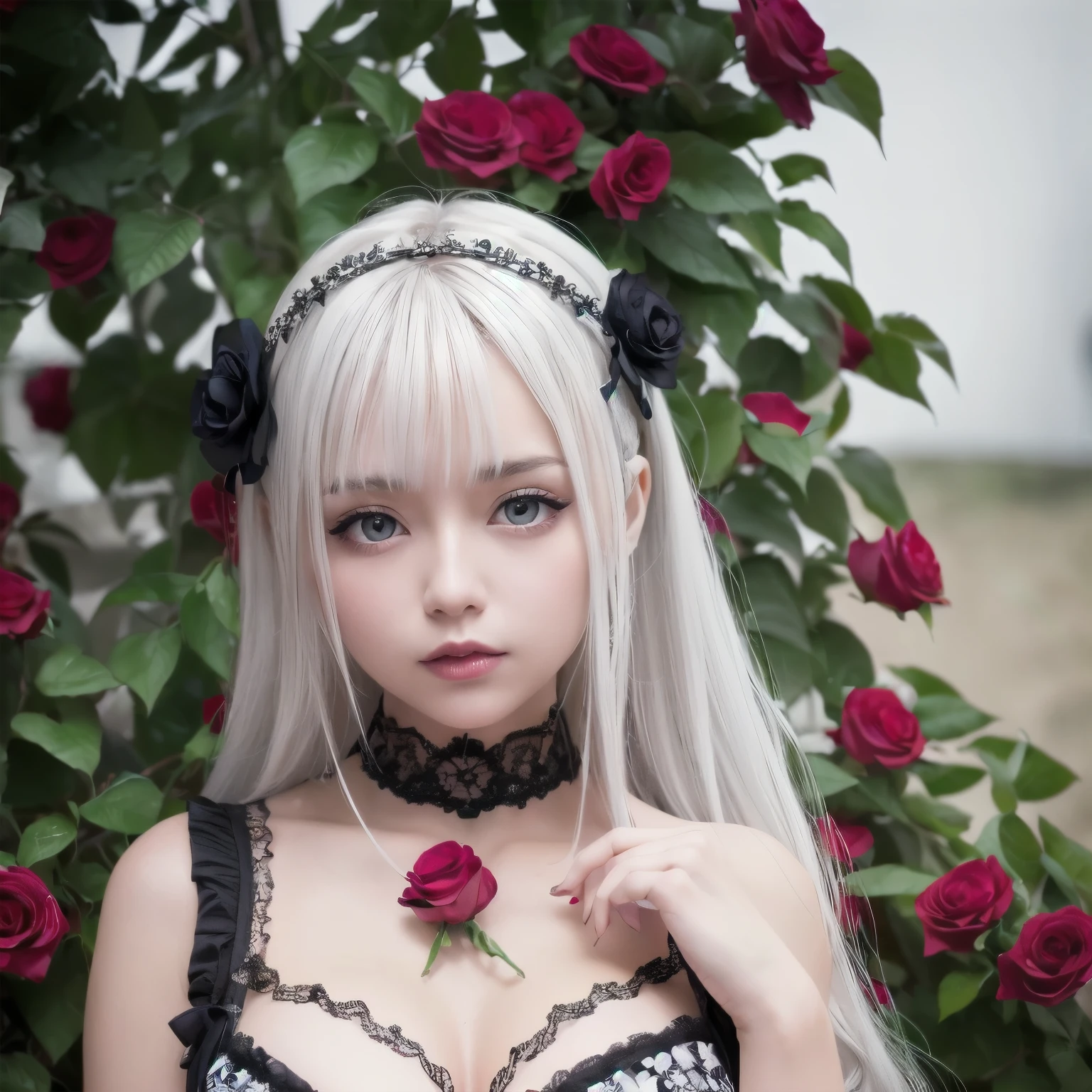 (16k, RAW photo, HDR:1.3), (High resolution:1), (Ultra realistic details, fine detail:1.1), Professionally color graded, Cinematic scene), BREAK (a beautiful doll girl:1.3), (shining silver hair, red little lips, wearing black and white gothic Lolita fashion:1.1), sexy doll, (she is surrounded by beautiful so many red roses, tilting her head to the side, staring at us. Her expression is expressionless:1.2), BREAK highly detail face, kawaii, bishoujo, (shiny white skin, transparent skin), (symmetrical eyes, highly beautiful detailed eyes), (big eyes), BREAK (perfect fingers, perfect hands, perfect anatomy), BREAK ((movie scene, cinematic)), female focus, (depth of field:1.3), (background blur, bokeh:1.3),