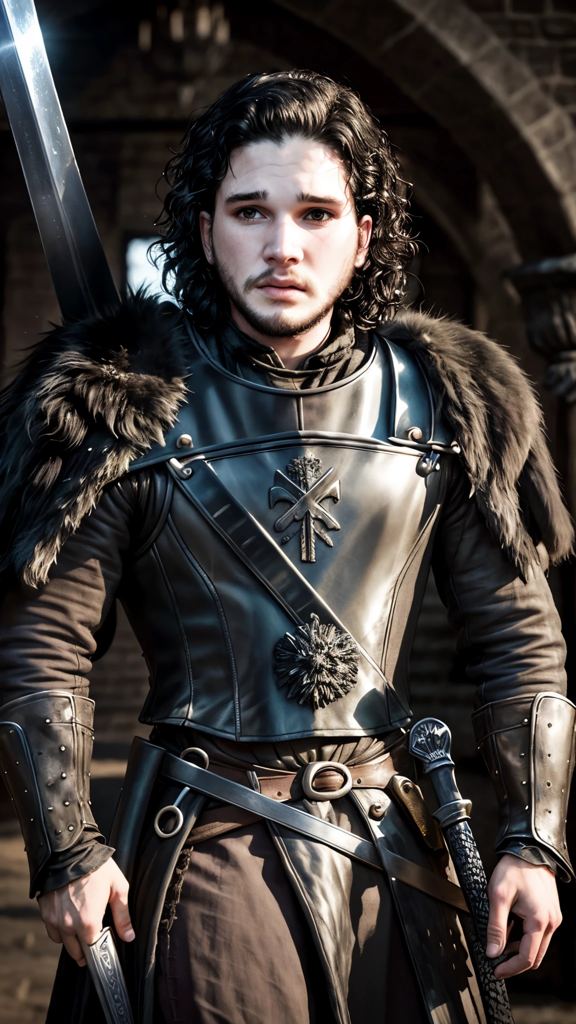 (Kit Harington) as jonsnow, curly black locks, black armor, big sword, standing in the barracks, 1man, solo, beautiful detailed glow, detailed, cinematic light, intricate detail, realistic, highres, detailed facial features, high detail, sharp focus, smooth, aesthetic, extremely detailed, stamp, octane render