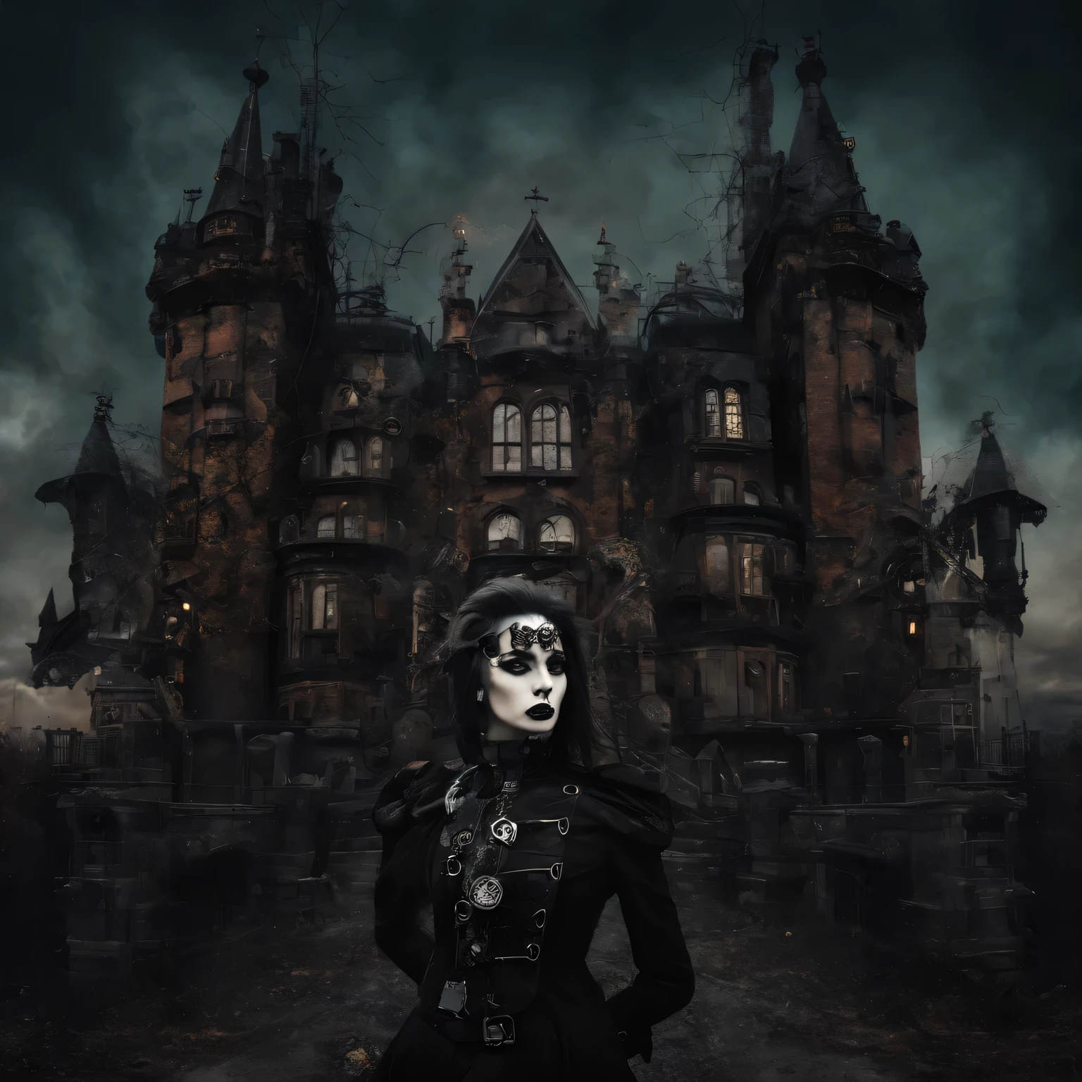 Gothic aesthetics, combination of styles, Gothic combined with steampunk, double exposure photography, Gothic castle in the twilight zone, cyborg vampire with iron vampire fangs, Gothic cyberpunk, (Gothic:1.3) in combination with (steampunk:1.3), dark palette and gothic palette, 32к A high resolution, A high resolution, double exposure, steampunk cyborg