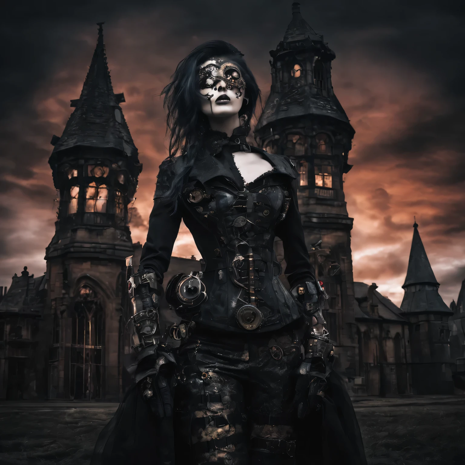 Gothic aesthetics, combination of styles, Gothic combined with steampunk, double exposure photography, Gothic castle in the twilight zone, cyborg vampire with iron vampire fangs, Gothic cyberpunk, (Gothic:1.3) in combination with (steampunk:1.3), dark palette and gothic palette, 32к A high resolution, A high resolution, double exposure, steampunk cyborg