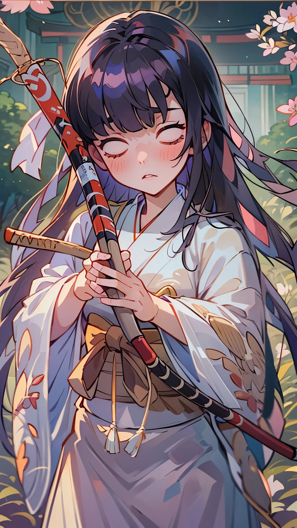 (perfect anatomy, masterpiece:1.2, best quality, 8k, beautiful detailed grow, daydreaming expression), break, (battle fighting stance) (hand holding Japanese bow gripping bow in hands), (solo:1.2 blunt:1.1 bangs black hair long hair beautiful girl, yo, closed eyes), in a shrine maiden costumebreak, break, background Dazaifu Tenmangu.