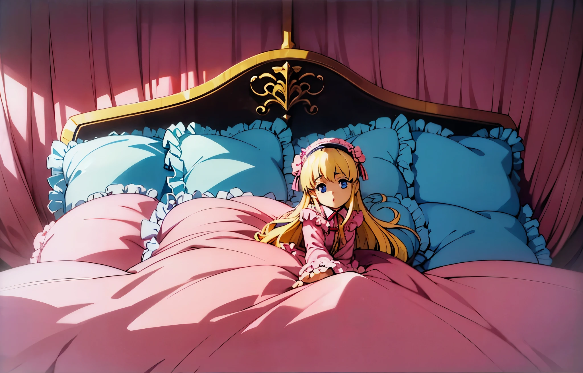 ,highest quality, masterpiece, highest resolution, artwork, super それにget used to it, many get used to it, get used to it, それにget used to it, 3K anime illustration,(( 10 year old girl)),Super detailed baby face,high quality small face,long blonde hair,blue eyes,白い肌のeuropean,pajamas, european,curly hair,blue eyes,((((ピンクのロリータファッションのlong skirtのワンピースドレス)))),((フリルとリボンがたっぷりついたピンクの可愛らしいpajamas)),((Luxurious headdress with frills and ribbons)),detailed headdress,,(((big yoke collar))),Yoke collar with ruffles and ribbons,((((long sleeve)))),ruffle sleeves,((((long skirt)))),white ruffle and lace socks,large frill and ribbon pillow,(((Nice pink outfit))),豪華なcanopy bedの上,canopy bed,The bed is surrounded by luxurious curtains,many frilly pillows on the bed,There are many frilly pillows behind the girl.,super detailed background,detailed bed,soft pink comforter,Highly detailed soft ruffle pillow,Beautiful girl illustration,detailed beautiful face,fine hair,detailed eye ,detailed eyes,detailed mouth, arm details,fine hands,Detailed pillow,wide bed,Illustration on the bed, ,((((round futon)))),((((A large ruffled futon that covers the entire bed)))),detailed comforter,detailed bedシーツ,Before bedtime,romantic atmosphere,palace bedroom,((((The lower half of the body is hidden under a large futon...)))) The girl is leaning on a pile of pillows, ,((((round futon)))),((((A large ruffled futon that covers the entire bed)))),