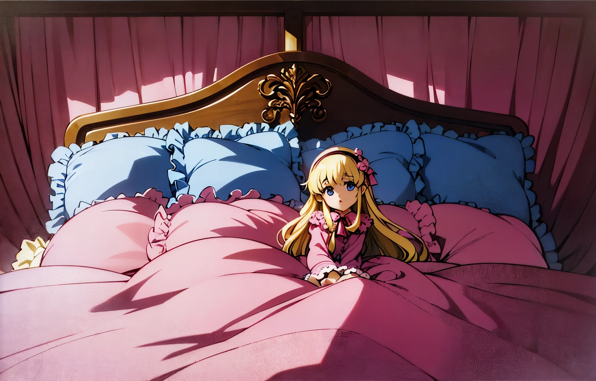 ,highest quality, masterpiece, highest resolution, artwork, super それにget used to it, many get used to it, get used to it, それにget used to it, 3K anime illustration,(( 10 year old girl)),Super detailed baby face,high quality small face,long blonde hair,blue eyes,白い肌のeuropean,pajamas, european,curly hair,blue eyes,((((ピンクのロリータファッションのlong skirtのワンピースドレス)))),((フリルとリボンがたっぷりついたピンクの可愛らしいpajamas)),((Luxurious headdress with frills and ribbons)),detailed headdress,,(((big yoke collar))),Yoke collar with ruffles and ribbons,((((long sleeve)))),ruffle sleeves,((((long skirt)))),white ruffle and lace socks,large frill and ribbon pillow,(((Nice pink outfit))),豪華なcanopy bedの上,canopy bed,The bed is surrounded by luxurious curtains,many frilly pillows on the bed,There are many frilly pillows behind the girl.,super detailed background,detailed bed,soft pink comforter,Highly detailed soft ruffle pillow,Beautiful girl illustration,detailed beautiful face,fine hair,detailed eye ,detailed eyes,detailed mouth, arm details,fine hands,Detailed pillow,wide bed,Illustration on the bed, ,((((round futon)))),((((A large ruffled futon that covers the entire bed)))),detailed comforter,detailed bedシーツ,Before bedtime,romantic atmosphere,palace bedroom,((((The lower half of the body is hidden under a large futon...)))) The girl is leaning on a pile of pillows, ,((((round futon)))),((((A large ruffled futon that covers the entire bed)))),