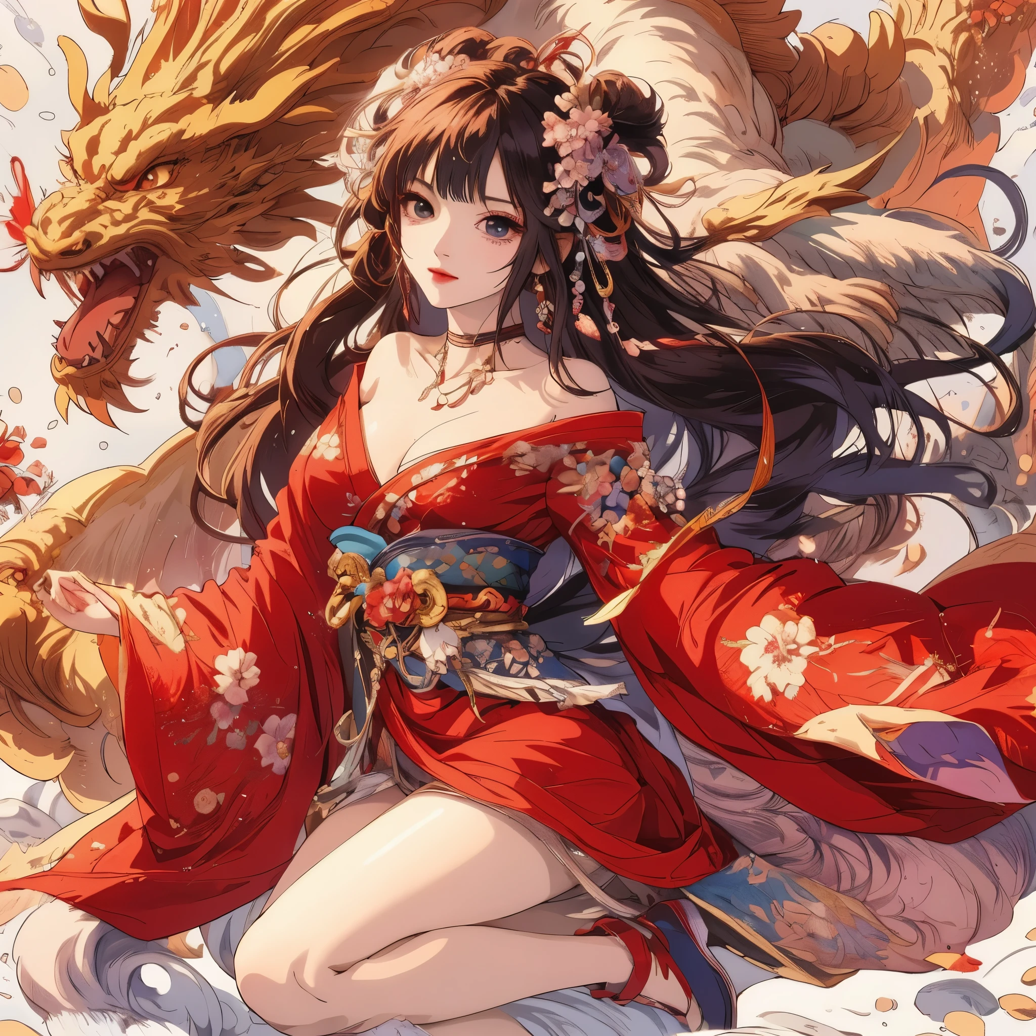 A woman wearing a kimono，There is a dragon on the head, Beautiful charming anime woman, Extremely detailed Artgerm, anime art wallpaper 8k, Beautiful anime woman, anime goddess, Anime fantasy artwork, anime style 4k, japanese goddess, anime art wallpaper 4k, Anime Art Wallpaper 4k, artgerm on artstation pixiv, Beautiful anime artwork