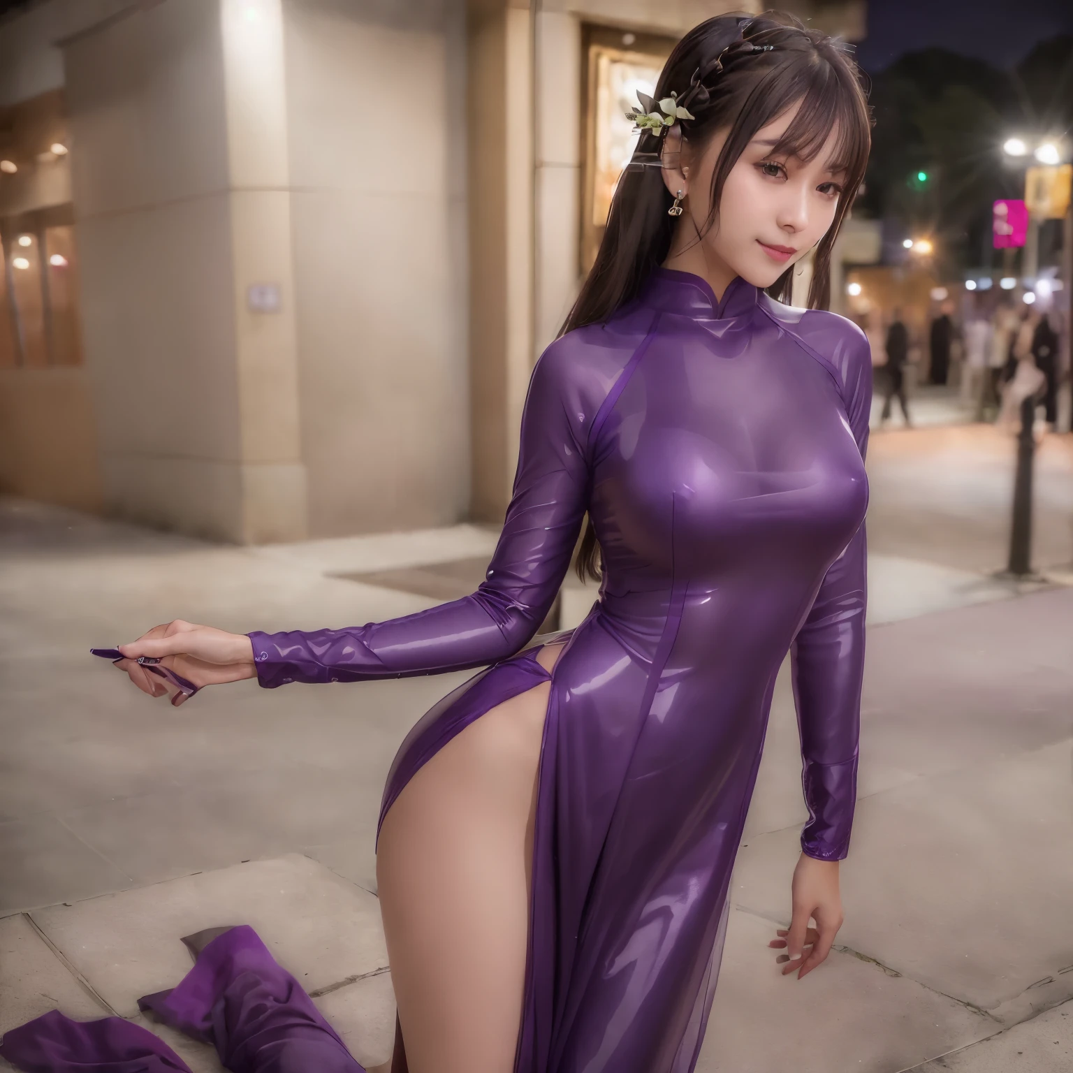 (RAW photo:1.4), (photorealistic:1.7),(intricate details:1.2),(masterpiece:1.3),(best quality:1.4), (ultra highres:1.2), ((purple latex aodaimong:1.1)), dynamic lighting, slim body, perfect female figure, clean, pale skin, smile, intricate details, earrings, flower on head:, khongbra:1, bangs, (twintails:1.1), arms behind head, (detailed clothes features), skin tight, (shiny skin), (slender girl),(slim girl), (1girl,solo), night city background, busy sidewalk, sharp focus, earrings, bang, smile, looking at viewer