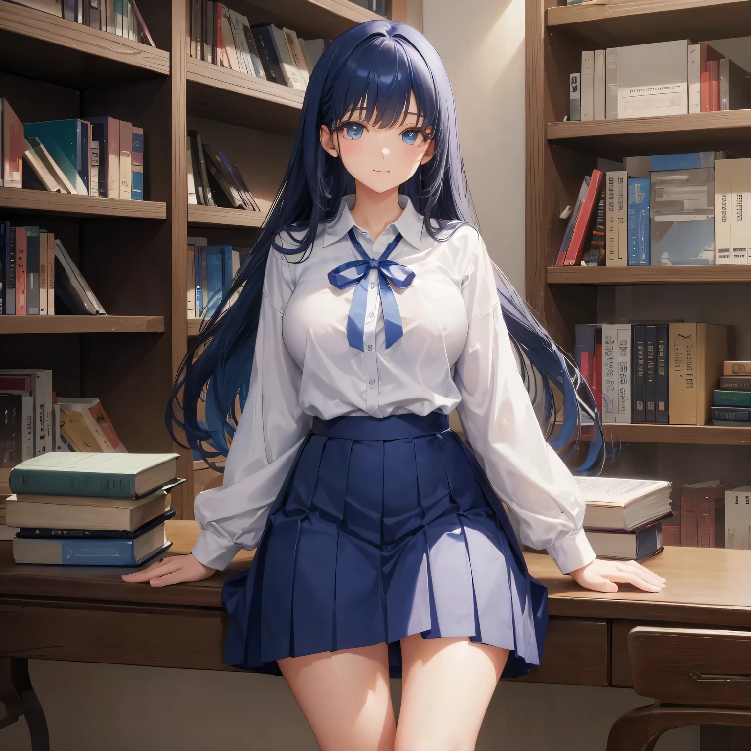 1 high school girl alone high school uniform White Y shirt long sleeve blue ribbon dark blue hair color dark blue hair color big breasts sit on a chair library 学校のlibrary bookshelf loafers full body portrait slim body shape bullish look Laugh a little mini skirt emphasize the thighs