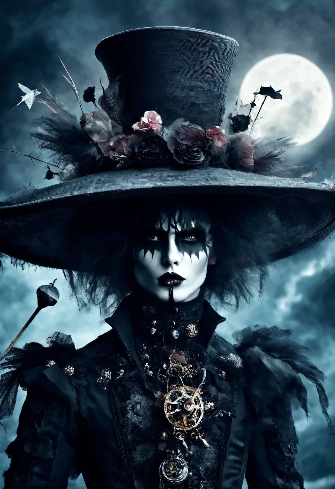 gothic art，Dream，Use the Glow Photography Style，portrait，Beautiful and detailed，（Just one stunning close-up of the face），Gothic makeup，（A lot of black and white smoke floating around the face：0.65），Only the mouth is red，lots of white space，White Rose，black pearl jewelry，simple white background，