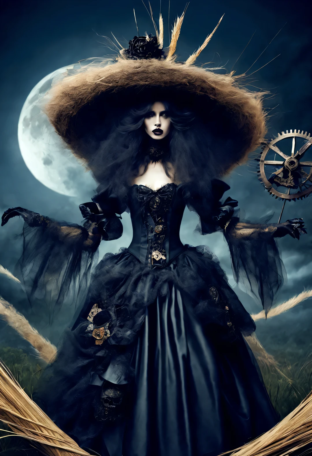 gothic clothing design,Gorgeous model,waste plastic,antenna,Oversized old straw hat,gear,Decadence scent,Although always,Full of mysterious and gloomy tones,But in fact, it also expresses the yearning for a better life。Weird people are also beautiful,dark and eerie, But also romantic。strange vampire,血光飞溅 dark and eerie, But also romantic。Edward Scissorhands,Dances with wolves,Moonlight night