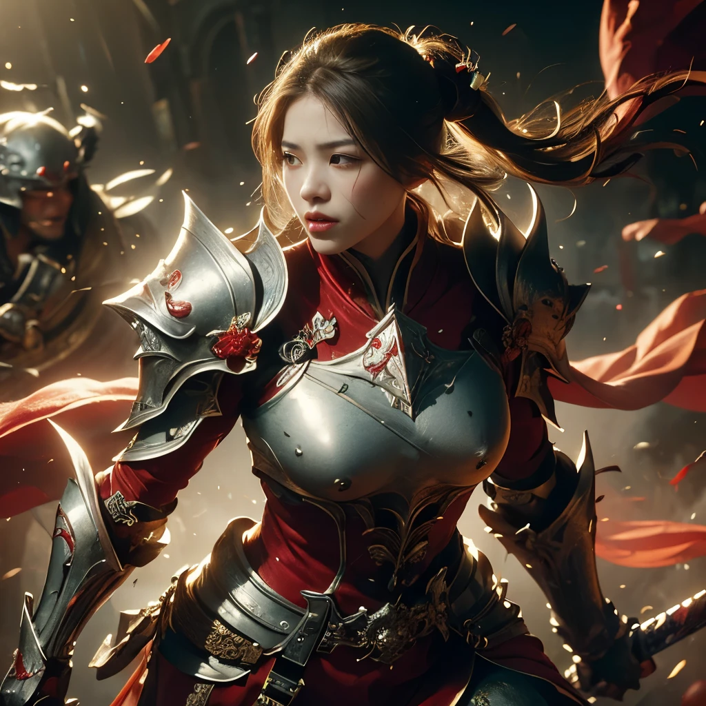 (((Realistic, masterpiece, best quality, crisp detail, high definition, high detail, sharp focus, perfect studio lightning))),  chinese girl, wearing heavy golden armor, chinese style armor, full body armor, full decorated armor, long straight hair, ideal body, big breast, dirty, sweating, bloodstained face, blood scattered armor, bloodbath, carnage, showing long blood scattered sword, an epic war, fire everywhere, smoke everywhere, blood everywhere, death everywhere, sorrounded by enemies, japan edo period, brutal war background, war path, war zone, battle ground