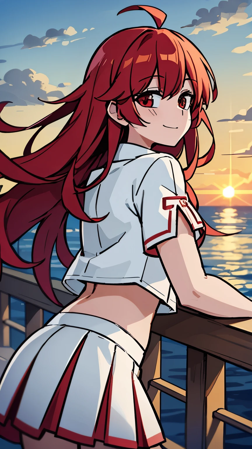 beach，seaside，Sunset，8k resolution，long red hair，red eyes，white shirt，Red pleated skirt，happy expression