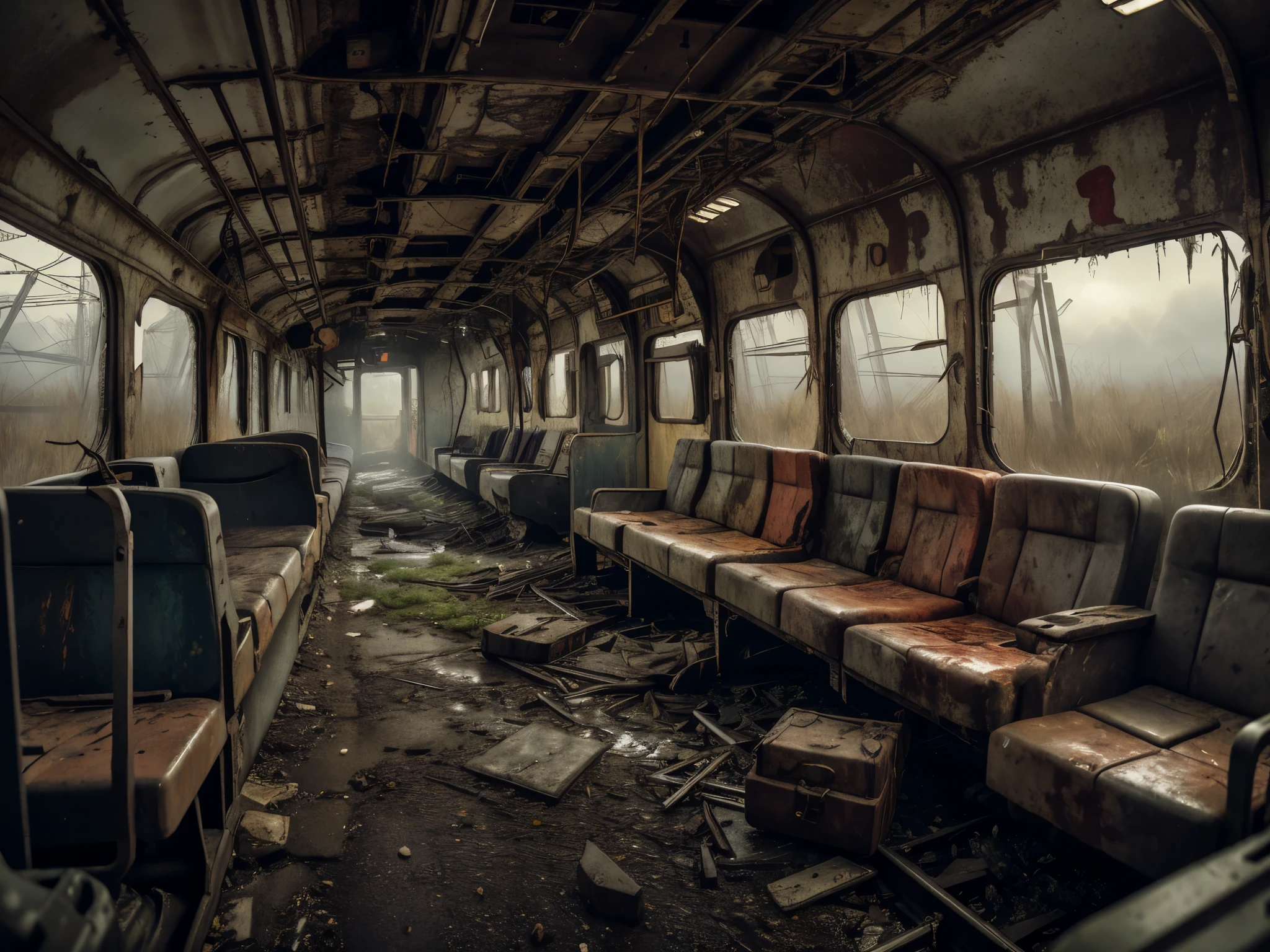 8K, Realistic, vray, HDR, 6000K, In a post-apocalyptic ghostly train station, Overgrown paths, Rusty Trains, covered with graffiti, Broken Control Tower. S_4po Environment, ((On rails)), (( The wall next to it))."A chilling and terrifying atmosphere inside a train filled with zombies at an abandoned train station, filled with blood, corpses, and chaos, inspired by films like "Train to Busan" and "The Walking Dead," surrounded by a desolate landscape. Dim streetlights add a faint glow to the dark night ambiance. This artwork boasts extremely high detail, photorealistic illustration with intricate details, and a chilling atmosphere. With its profound depth and highly realistic depiction, this piece of art could be a perfect masterpiece."