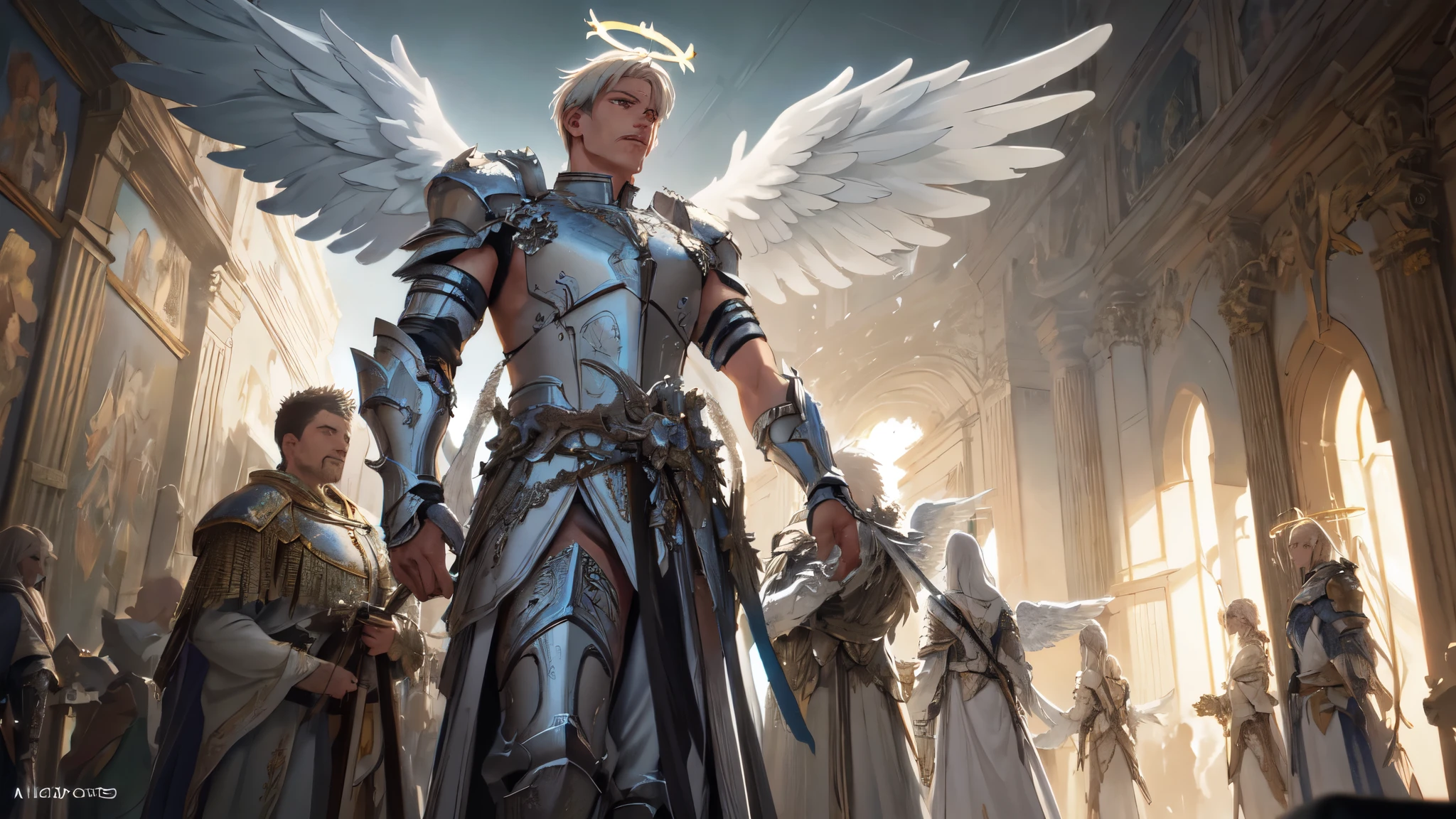 The Horde of Male Celestial Angels Descending from the Sky, crowd, male, many warriors, shiny armor, angel wings, halo, realistic epic, soft cinematic portrait, Adobe Lightroom, Photo Lab, highly detailed, faded, (neutral colors: 1.2), (HDR: 1.4), (soft colors:1.2), hyperdetailed, (Artstation:1.4), cinematic, warm lights, dramatic light, (intricate details:1.1), complex background, (Rutkowski:0.66), (blue and orange:0.4)