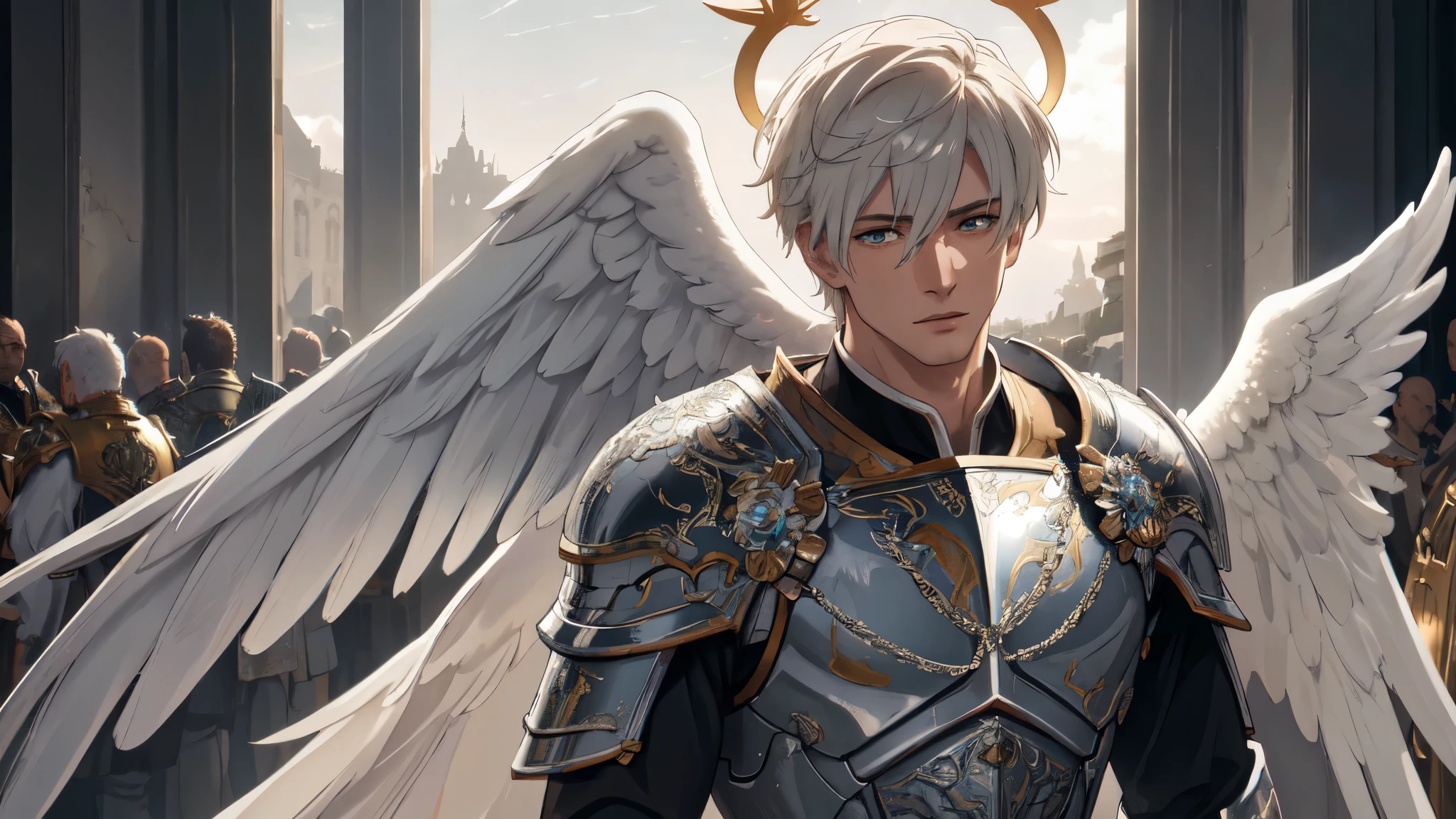 The Horde of Male Celestial Angels Descending from the Sky, crowd, male, many warriors, shiny armor, angel wings, halo, realistic epic, soft cinematic portrait, Adobe Lightroom, Photo Lab, highly detailed, faded, (neutral colors: 1.2), (HDR: 1.4), (soft colors:1.2), hyperdetailed, (Artstation:1.4), cinematic, warm lights, dramatic light, (intricate details:1.1), complex background, (Rutkowski:0.66), (blue and orange:0.4)