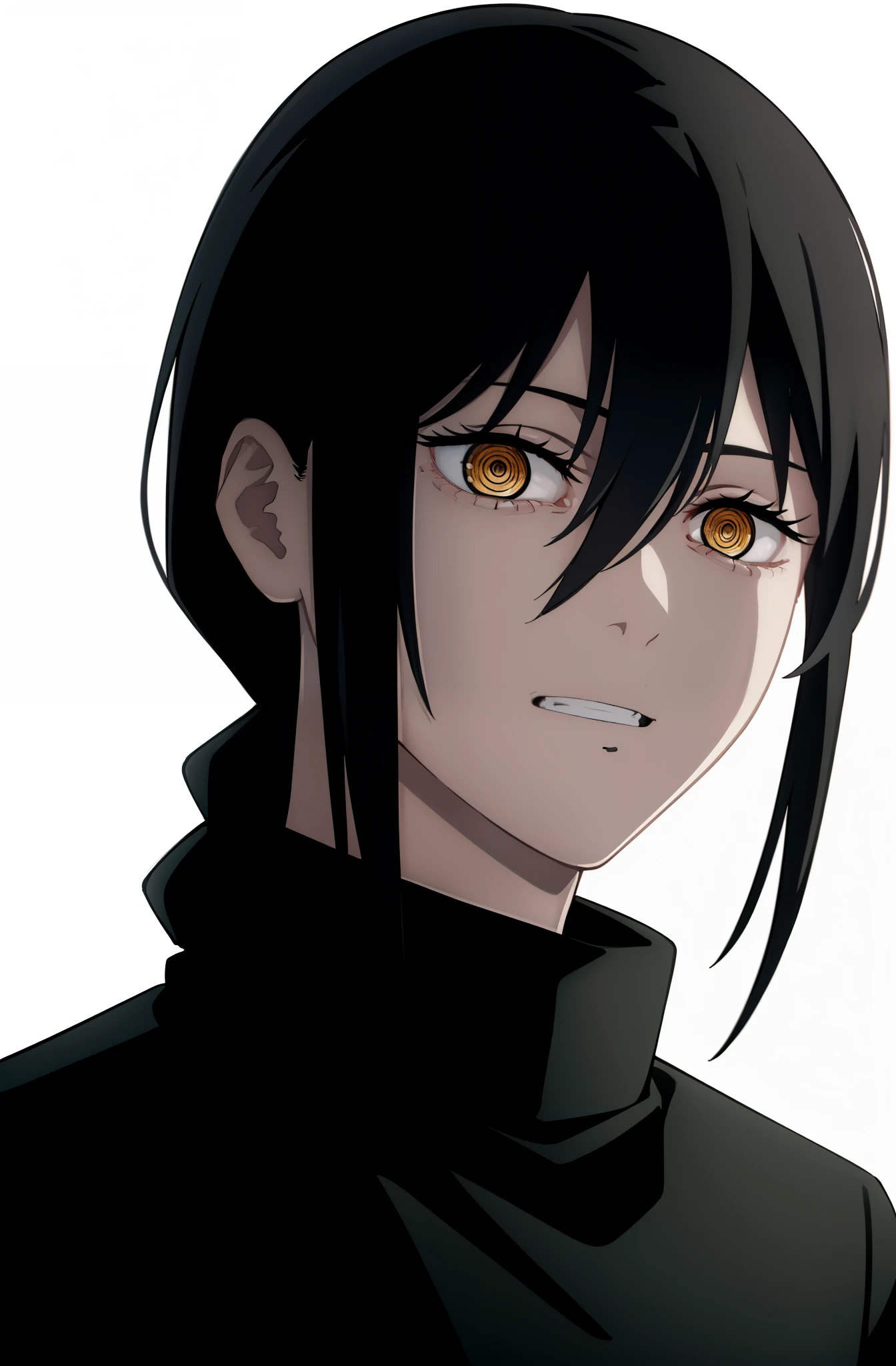 1girl,black hair,yellow eyes,long hair,braided ponytail,hair between eyes, chain,grin,black shirt,ringed eyes, csm anime style