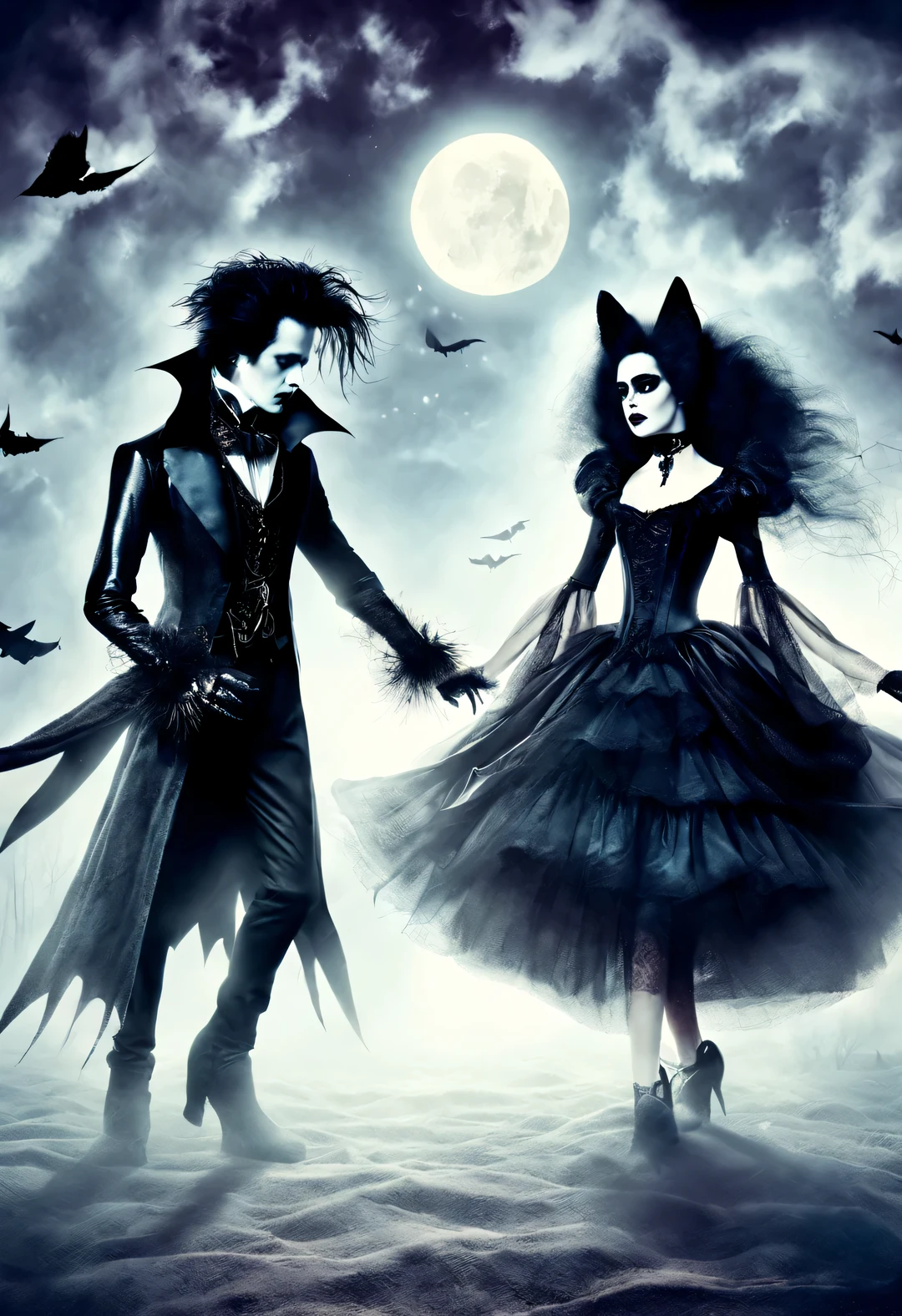 gothic fashion，Although always，Full of mysterious and gloomy tones，But in fact, it also expresses the yearning for a better life。Weird people are also beautiful，dark and eerie, But also romantic。strange vampire，血光飞溅
dark and eerie, But also romantic。Edward Scissorhands，Dances with wolves，Moonlight night