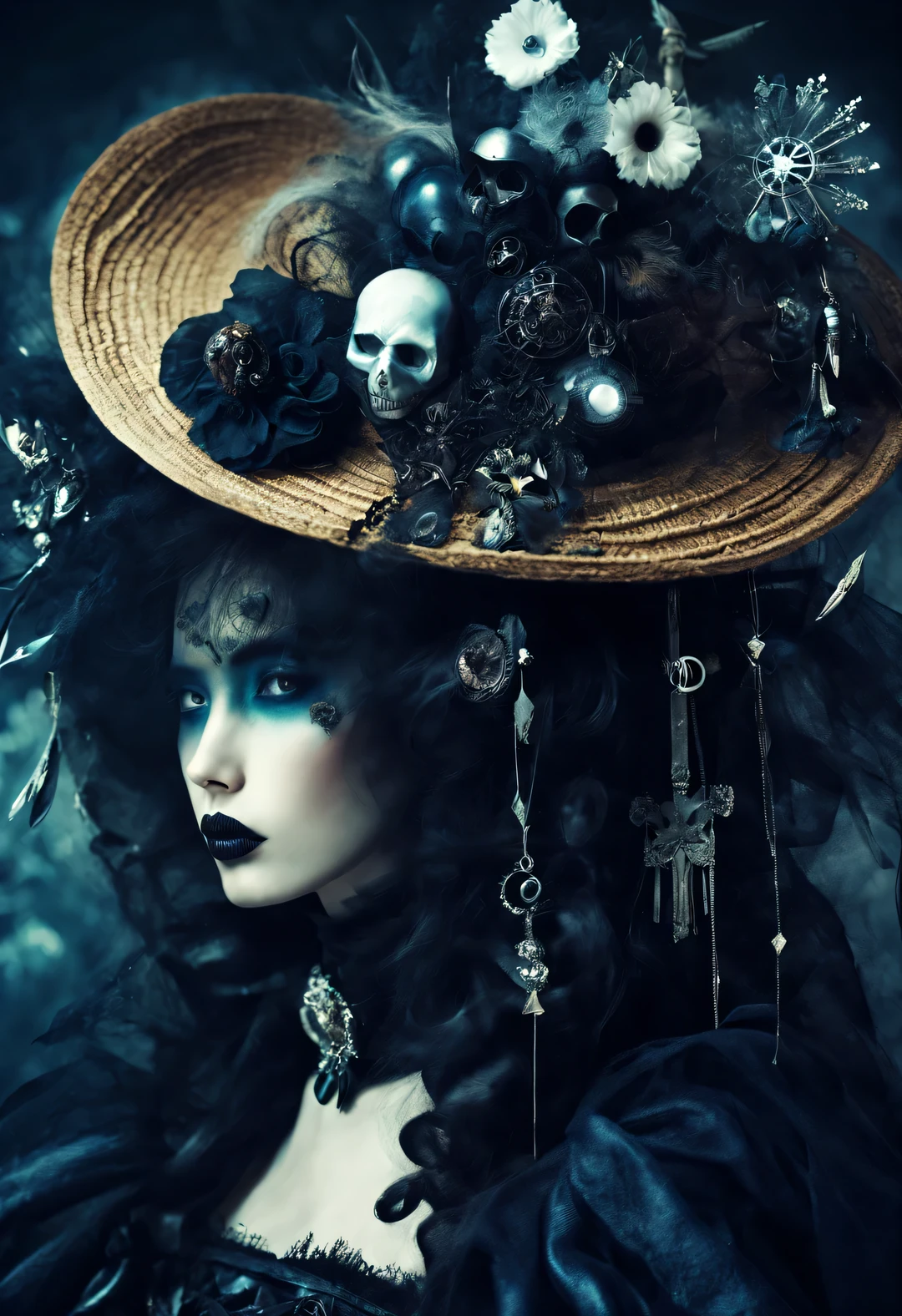 gothic clothing design，Gorgeous model，waste plastic，antenna，Oversized old straw hat，gear，Decadence scent，Mysterious and gloomy tones，But in fact, it also expresses the yearning for a better life。Weird people are also beautiful，dark and eerie, But also romantic。strange vampire，血光飞溅 dark and eerie, But also romantic。Edward Scissorhands，Dances with wolves，Moonlight night