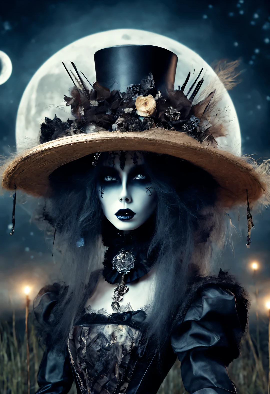 gothic clothing design，Gorgeous model，waste plastic，antenna，Oversized old straw hat，gear，Decadence scent，Mysterious and gloomy tones，But in fact, it also expresses the yearning for a better life。Weird people are also beautiful，dark and eerie, But also romantic。strange vampire，血光飞溅 dark and eerie, But also romantic。Edward Scissorhands，Dances with wolves，Moonlight night