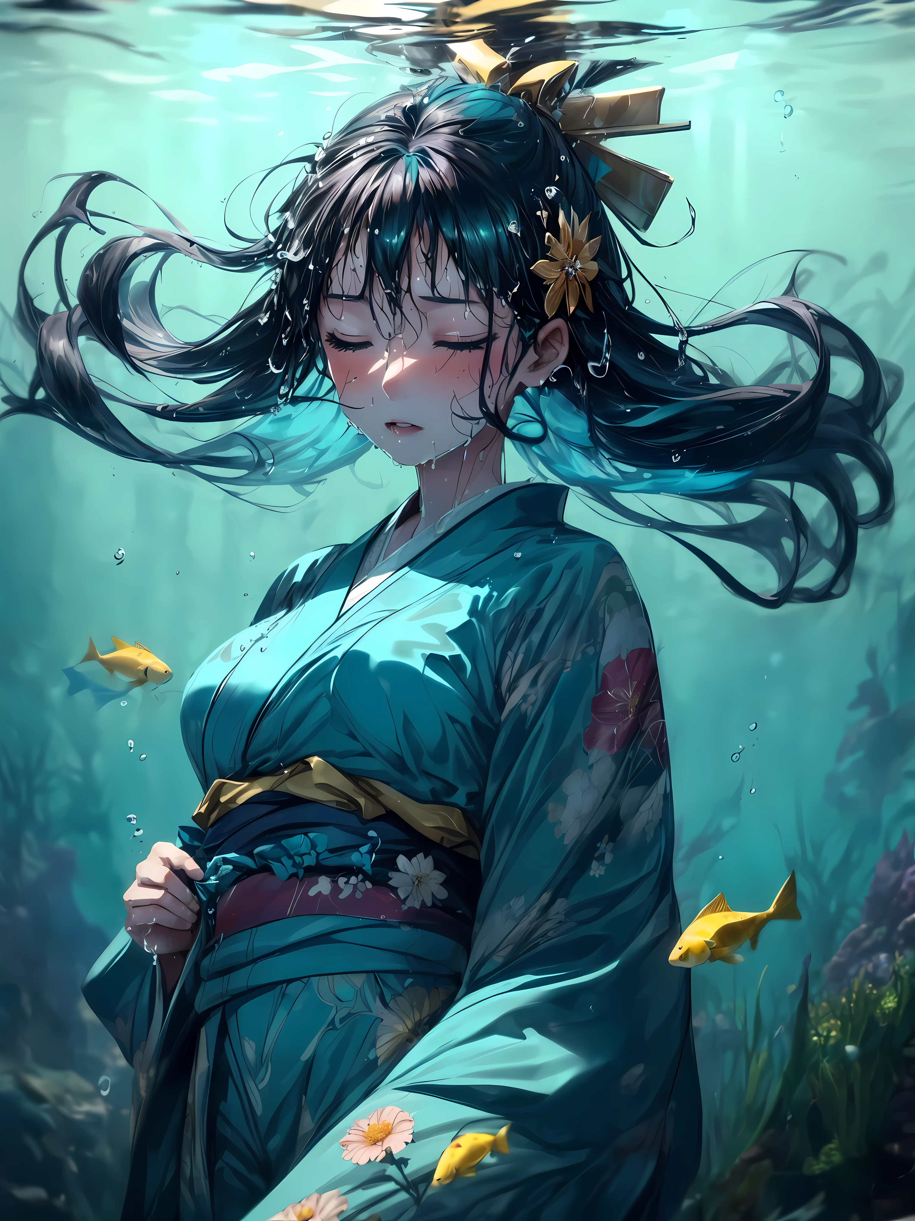 (A 7 year old girl:1.2), (Very young ), (alone), (small breasts), (dynamic angle), eyes closed, original photo, Atmospheric distance perception, Aesthetic, complex, won, cybernetic enhancement, chiaroscuro, best quality, Detailed background, (underwater atmosphere:1.2), ((穿着蓝绿色棉质kimono的女孩:1.2)), 漂浮的棉质kimono, 棉质漂浮kimono, best wrinkles, real wrinkles, Best shadows, (At the bottom of the deep sea, Try to hold your breath, 她eyes closed,floating drowning), (sink headfirst, Indicates that she is exhaling or struggling), Detailed texture, (anatomically correct body, Detailed face, (非常Detailed texturekimono与花卉图案), (wet, completely flooded, (very wet texture kimono), (Floating hair), (black hair), thick hair, hair accessories, kimono, Heart, Outdoor activities, pagoda, petal, 色彩缤纷的kimono, sash, (underwater), The underwater scene is darkness, Illuminated by the light pattern of the sun, There are rocks and aquatic plants around her, creating a dynamic and darkness underwater world,
