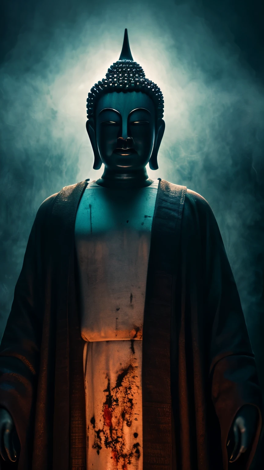 muste piece, best quality, High resolution, photorealistic, Great Buddha,恐ろしい姿のGreat Buddha,ゾンビのようなGreat Buddha,Demon-like form,bloody,scary atmosphere,corrupt background,ruined cityscape