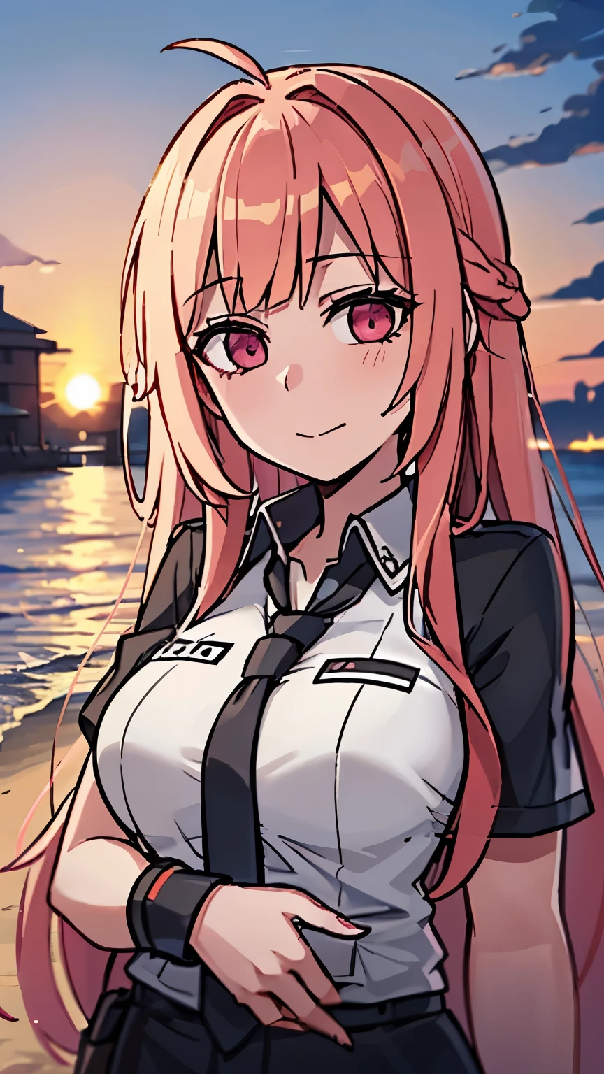 beach，seaside，Sunset，8k resolution，pink long hair，pink eyes，Uniforms，lol