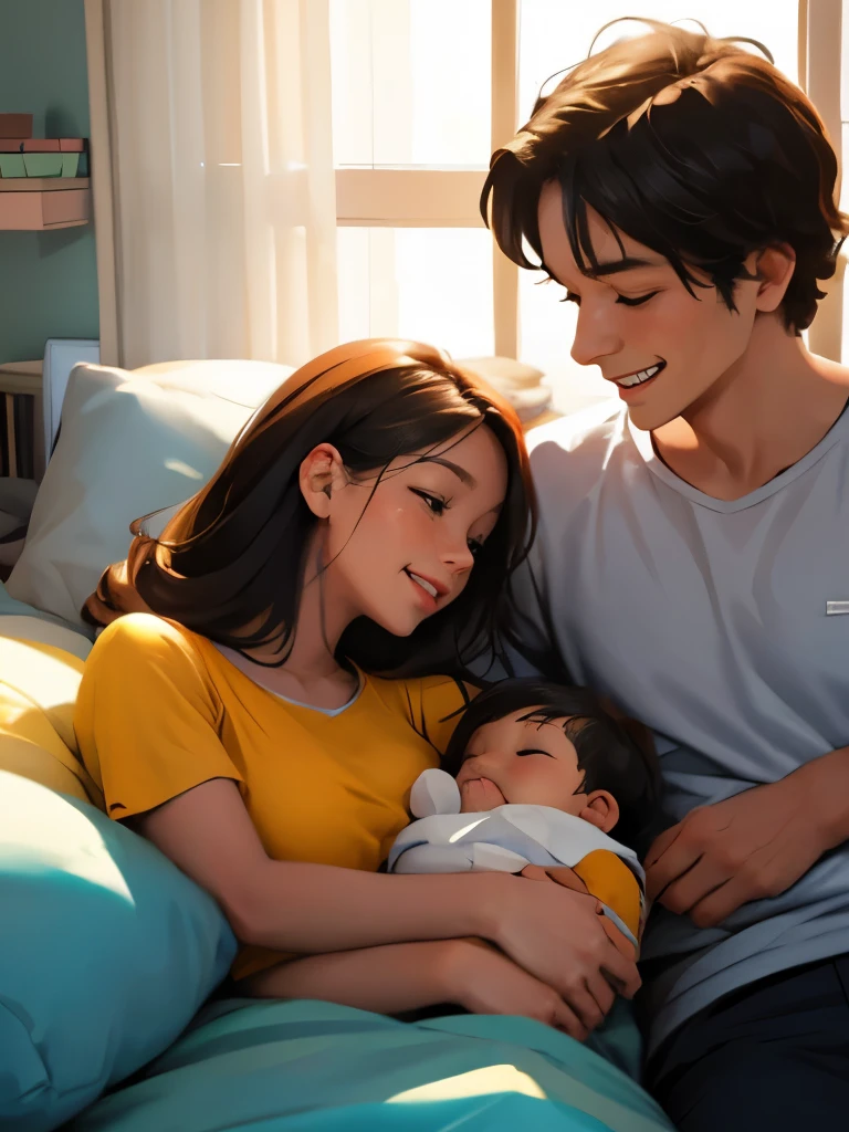 Couple man and woman sleeping in love, holding three smiling toddlers