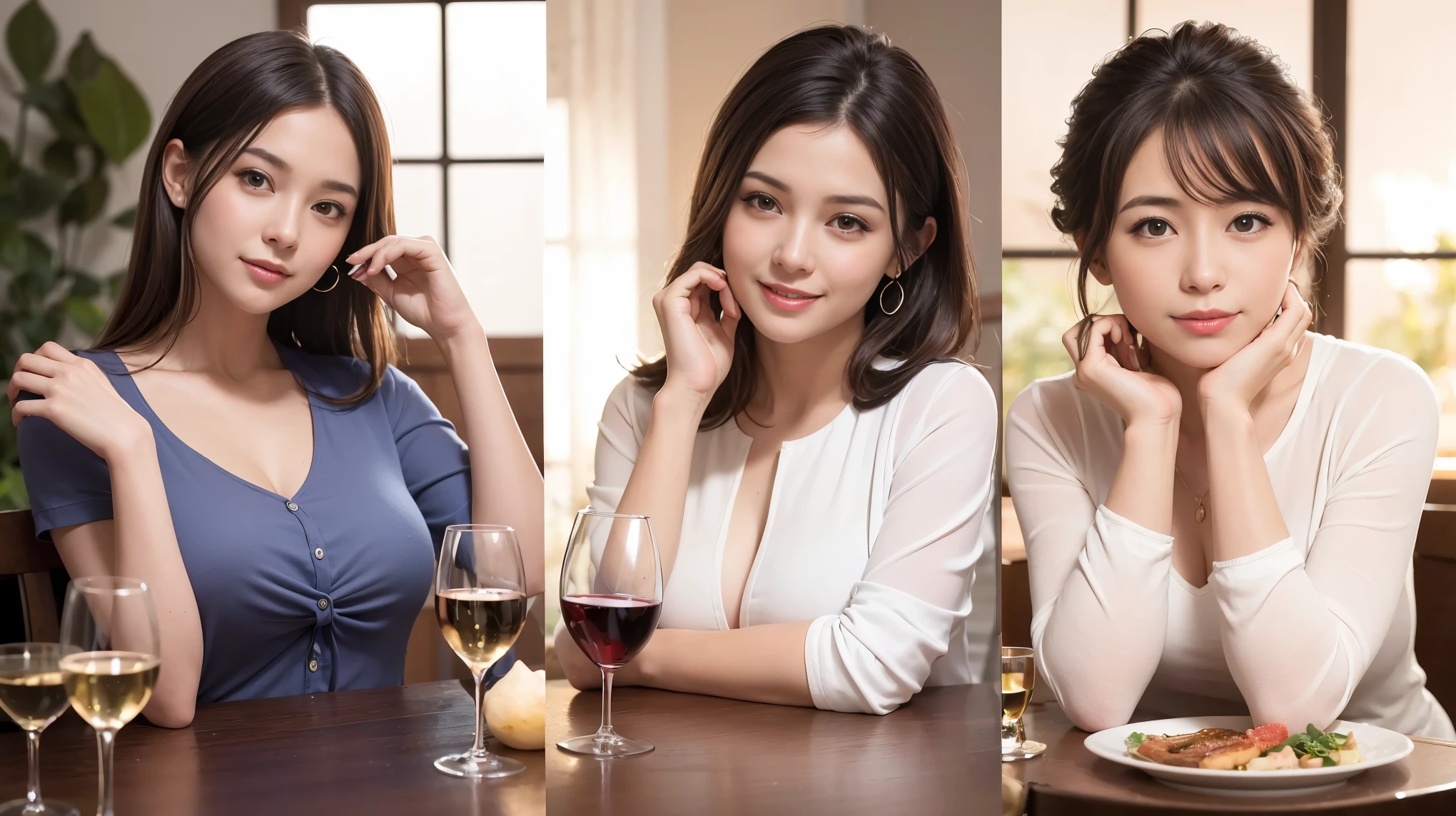 (including 64k, nffsw, highest quality, table top: 1.2), (realistic, photorealistic: 1.37),amazing sunset view、 long sleeve shirt、winter fashion、Columbia、Brazilian、Japanese、Dutch、German、Portuguese、Belgian、Italian、French,Champagne、sparkling wine、 (slimフェイス), (slimボティ), (brown hair), (shortcut), neat beauty、cheeks turn a little red, (35 years old), 38 years old, alone, 窓の外には美しく緻密なnight景が広がります., restaurant, wine glassが座っている, nightに, in a prominent place (from the Upper body) nova frog style, actress, model, Upper body, White wine, slim, wine glass, Super Clean night View, wine glass Put in the Middle, Happy smile, (smile: 1.15), beautiful and detailed eyes, Upper body, bust japan up, night, short, short, actress, model, Upper body, White wine, slim, wine glass, Super Clean night View, wine glass Put in the Middle, Happy smile,