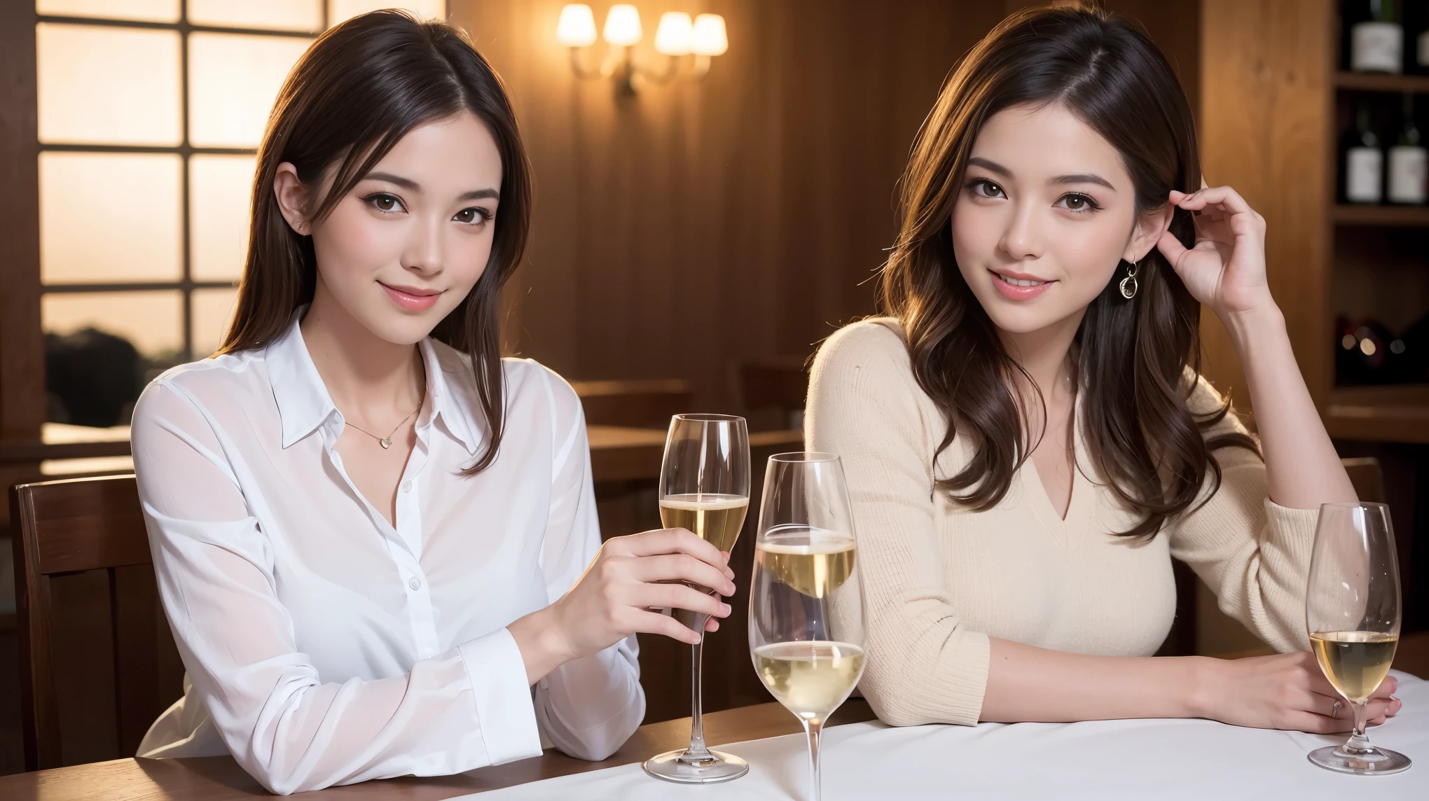 (including 64k, nffsw, highest quality, table top: 1.2), (realistic, photorealistic: 1.37),amazing sunset view、 long sleeve shirt、winter fashion、Columbia、Brazilian、Japanese、Dutch、German、Portuguese、Belgian、Italian、French,Champagne、sparkling wine、 (slimフェイス), (slimボティ), (brown hair), (shortcut), neat beauty、cheeks turn a little red, (35 years old), 38 years old, alone, 窓の外には美しく緻密なnight景が広がります., restaurant, wine glassが座っている, nightに, in a prominent place (from the Upper body) nova frog style, actress, model, Upper body, White wine, slim, wine glass, Super Clean night View, wine glass Put in the Middle, Happy smile, (smile: 1.15), beautiful and detailed eyes, Upper body, bust japan up, night, short, short, actress, model, Upper body, White wine, slim, wine glass, Super Clean night View, wine glass Put in the Middle, Happy smile,