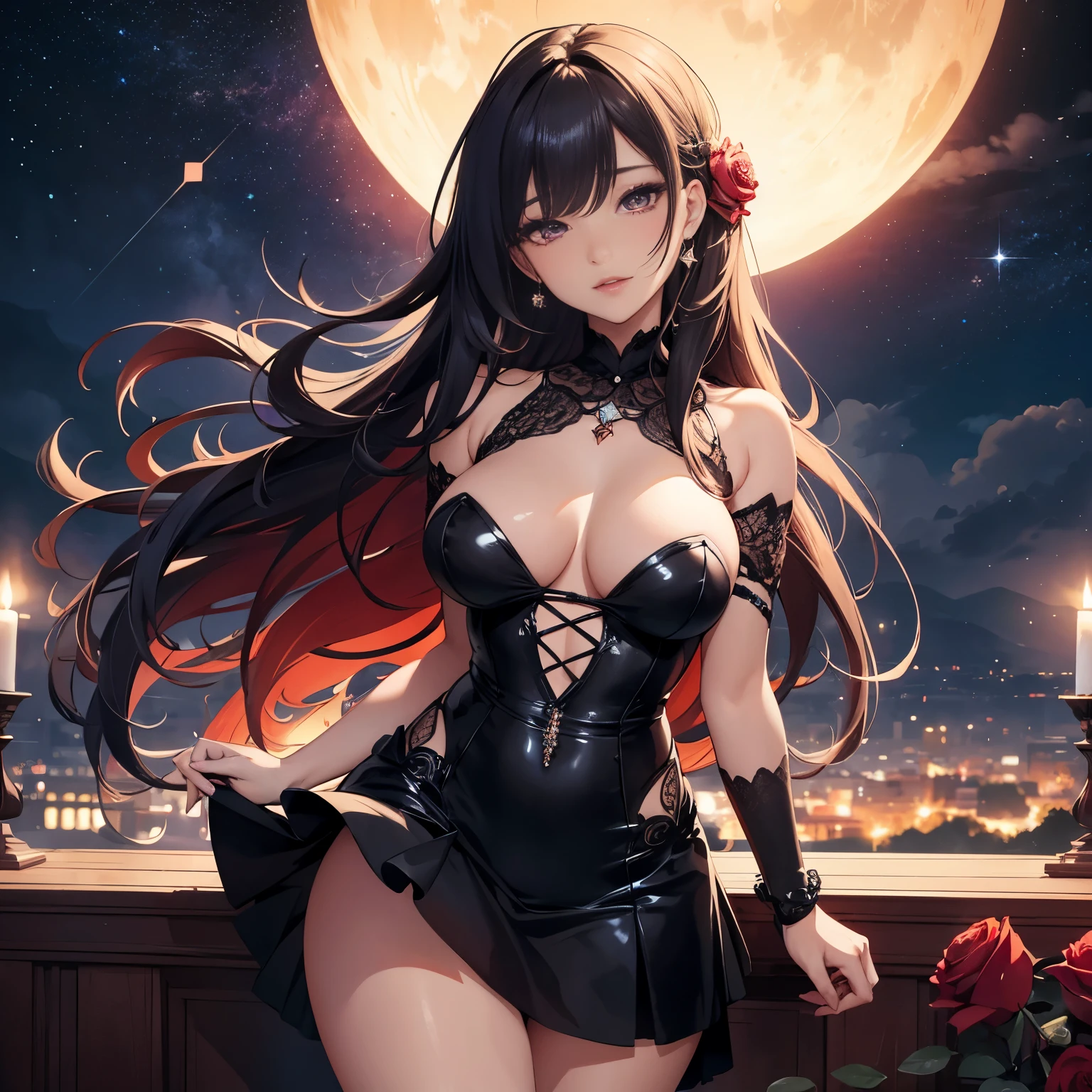 Ultra-realistic 8K CG, masterpiece, best quality, a seductive K-pop idol, solo, big ass, provocative pose, sensual expression, hentai undertones, shimmering micro miniskirt revealing ample curves, high heels, long flowing hair, big round eyes with seductive makeup, detailed facial features, blowing a red rose between her lips. The background is a starry night with a full moon rising, creating an ethereal and alluring atmosphere. The overall composition is balanced and harmonious, with the idol's pose and expression drawing the viewer in.