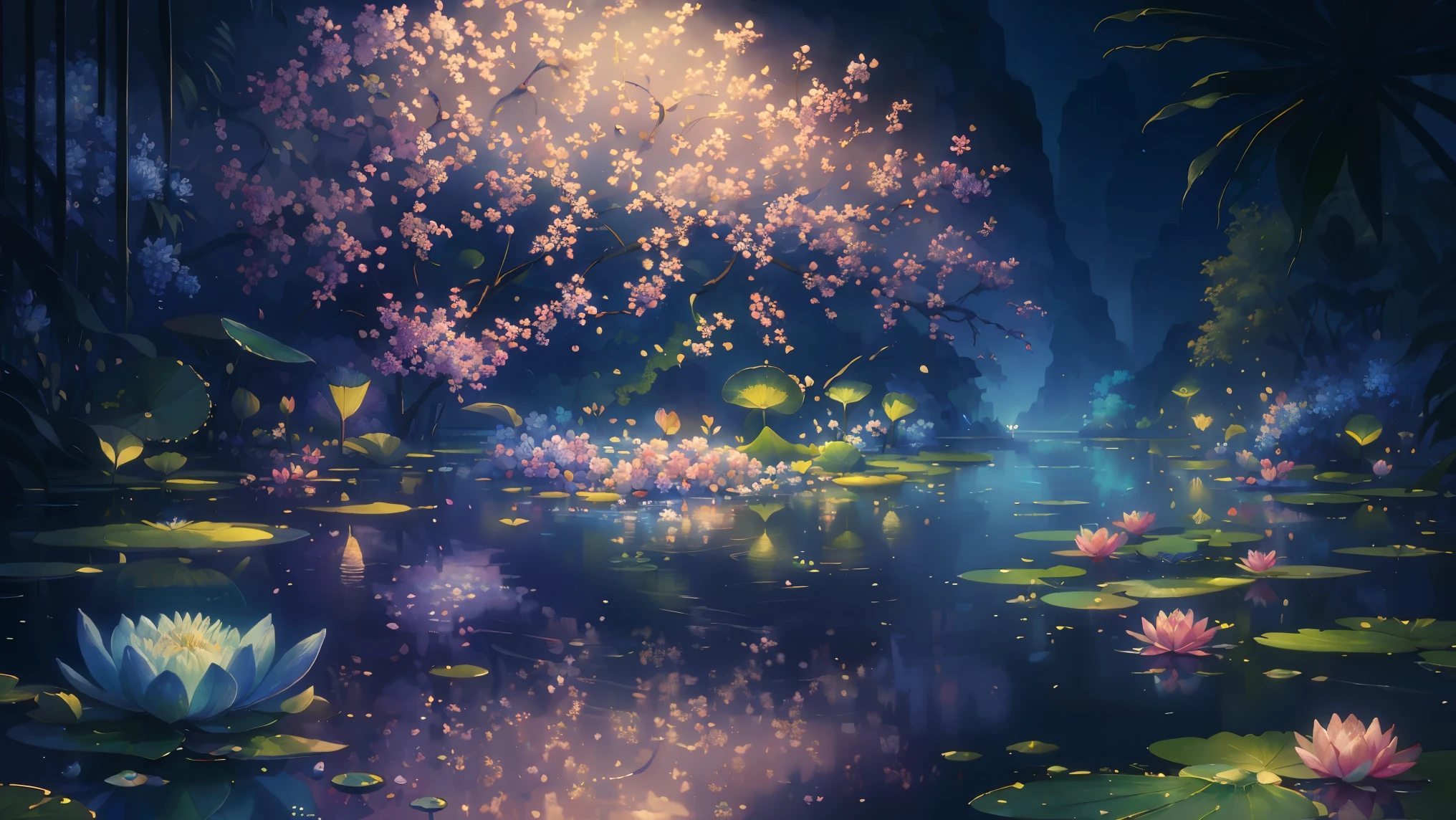 (best quality,4k,8k,highres,masterpiece:1.1), vibrant colors, water lily, delicate petal, serene landscape, realism, RGB lighting.