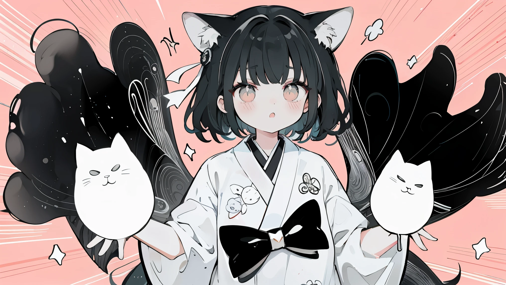 azhiichigo style,big eyes, thick lines, Mix patterns,cute,1 boy and cat with words, in the style of unique yokai illustrations, goth, whimsical cats, cult party kei, letras y figuras, monochrome, pattern explosion