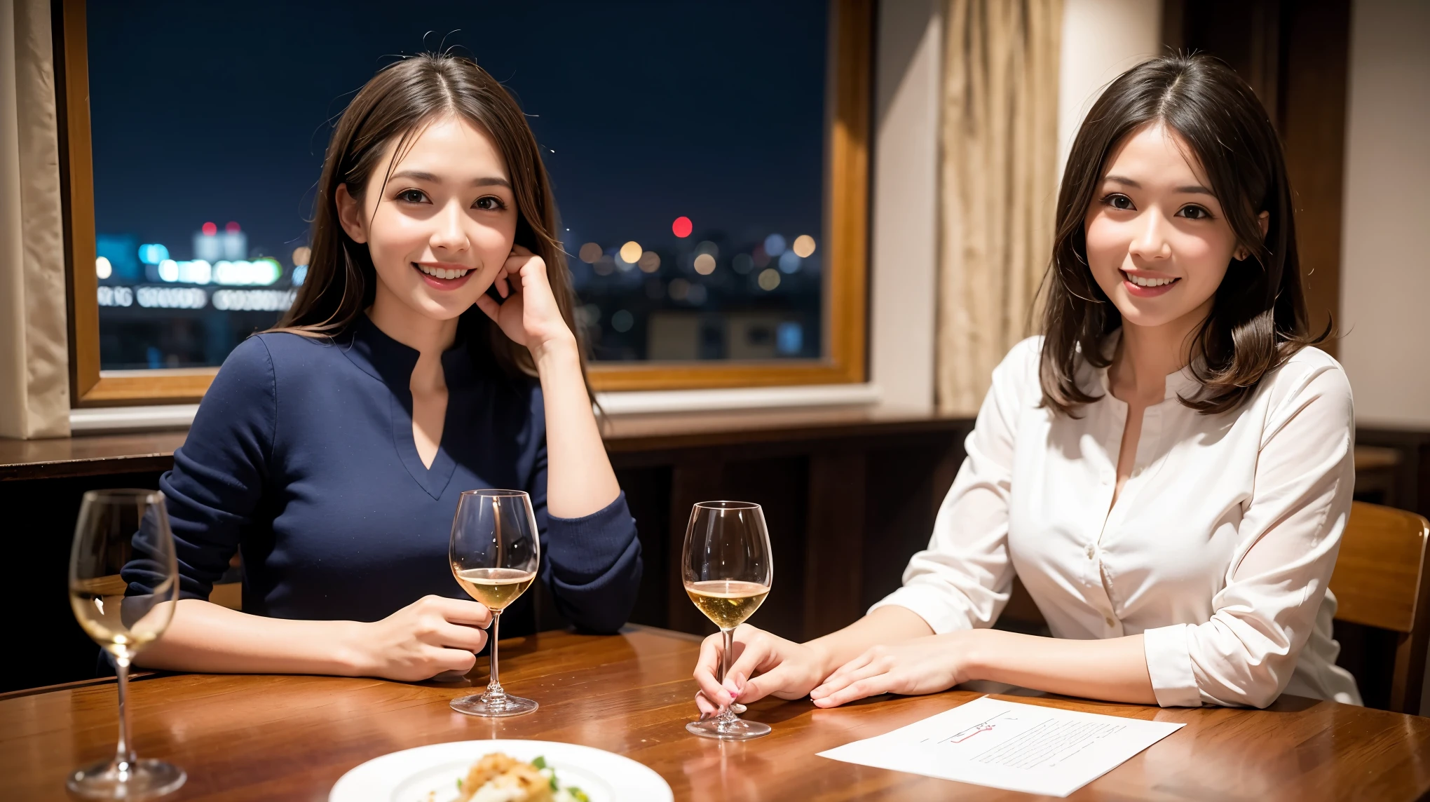 (including 64k, nffsw, highest quality, table top: 1.2), (realistic, photorealistic: 1.37), Spectacular sunset view、long sleeve shirt、winter fashion、Columbia、Brazilian、Japanese、Dutch、German、Portuguese、Belgian、Italian、French,Champagne、sparkling wine、 (slimフェイス), (slimボティ), (brown hair), (shortcut), neat beauty、cheeks turn a little red, (35 years old), 38 years old, alone, 窓の外には美しく緻密なnight景が広がります., restaurant, wine glassが座っている, nightに, in a prominent place (from the Upper body) nova frog style, actress, model, Upper body, White wine, slim, wine glass, Super Clean night View, wine glass Put in the Middle, Happy smile, (smile: 1.15), beautiful and detailed eyes, Upper body, bust japan up, night, short, short, actress, model, Upper body, White wine, slim, wine glass, Super Clean night View, wine glass Put in the Middle, Happy smile,