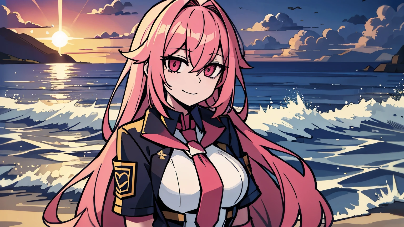 beach,seaside,Sunset,8k resolution,pink long hair,pink eyes,Uniforms,lol