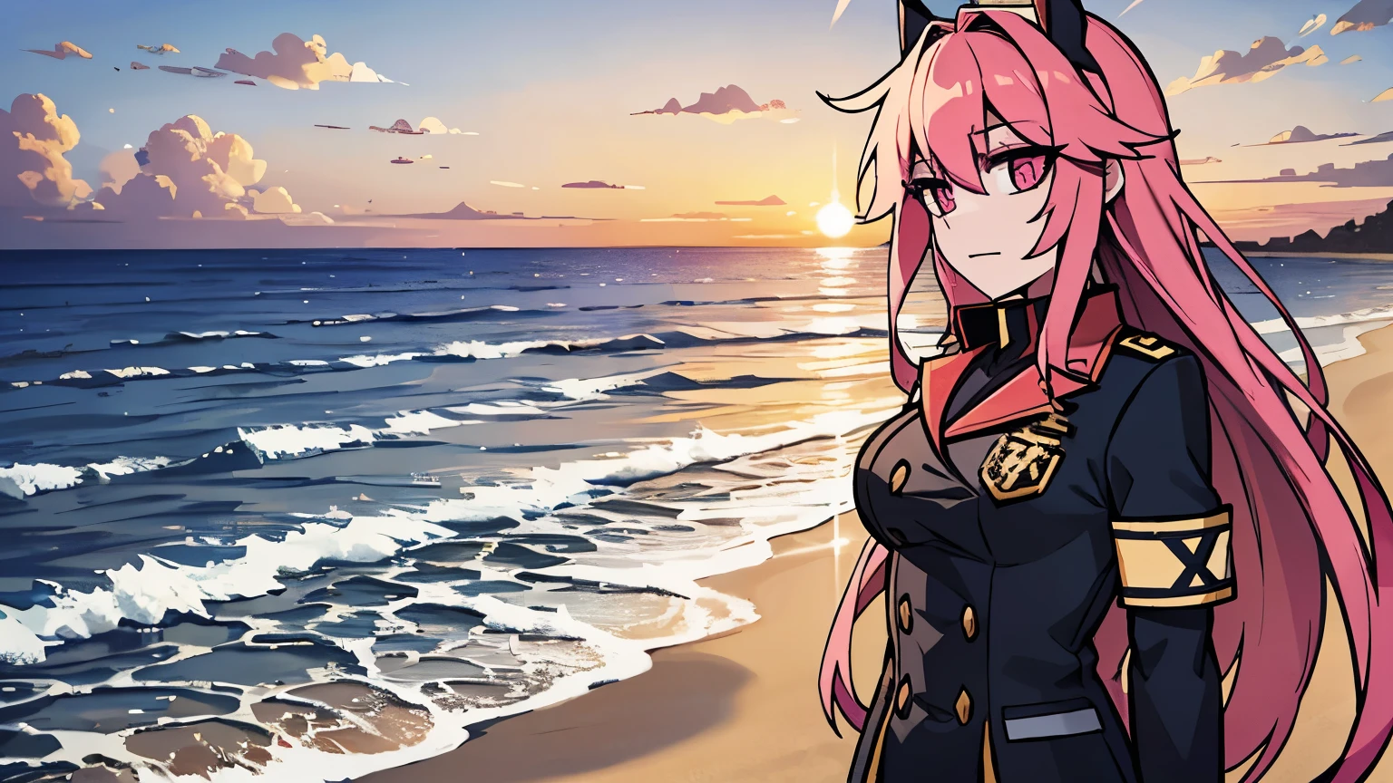 beach,seaside,Sunset,8k resolution,pink long hair,pink eyes,Uniforms,lol