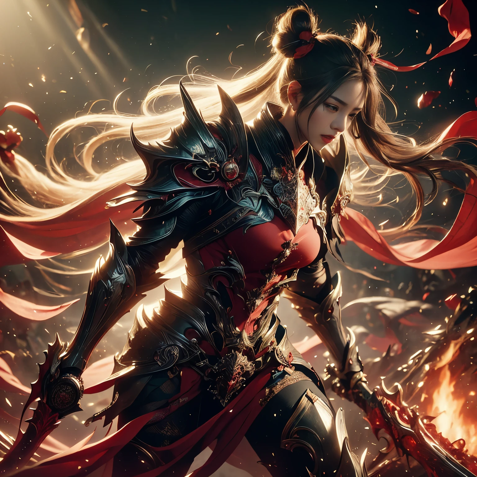 (((Realistic, masterpiece, best quality, crisp detail, high definition, high detail, sharp focus, perfect studio lightning))), 17 years old chinese girl, wearing heavy golden armor, chinese style armor, full body armor, full decorated armor, long straight hair, ideal body, big breast, dirty, sweating, bloodstained face, blood scattered armor, bloodbath, carnage, showing long blood scattered sword, an epic war, fire everywhere, smoke everywhere, blood everywhere, death everywhere, sorrounded by enemies, japan edo period, brutal war background, war path, war zone, battle ground