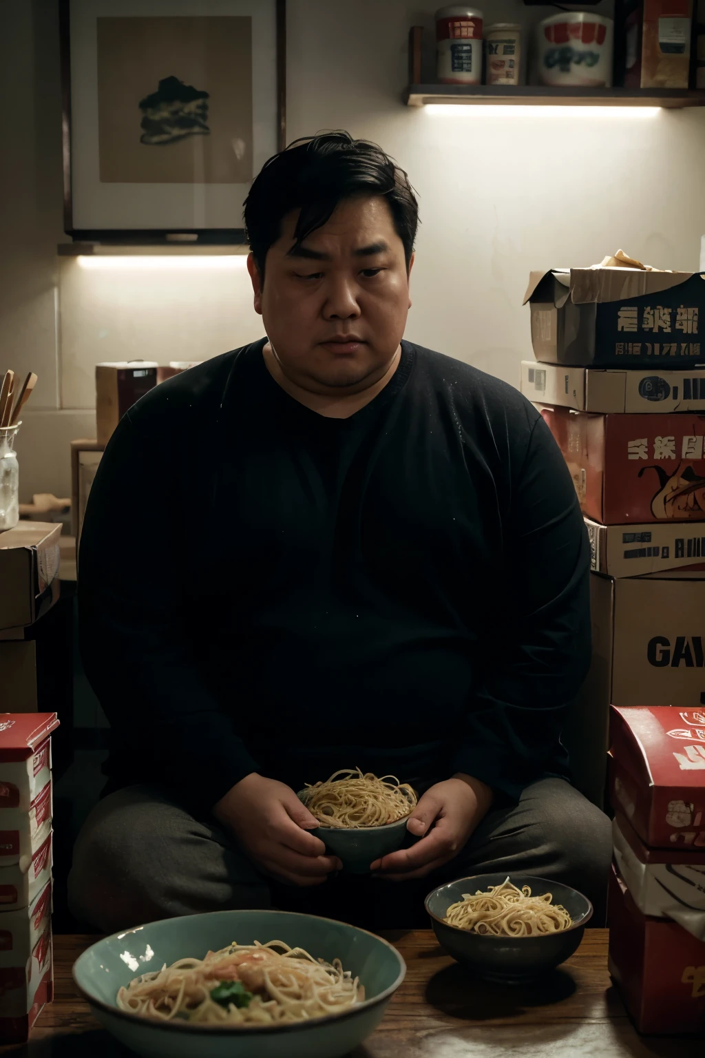 (highres:1.2),portrait,overweight sad Chinese man,teary eyes,droopy cheeks,puffy face,disheveled hair,sad expression,sitting alone in a dimly lit room,surrounded by empty food containers,holding a bowl of unfinished noodles,emotional eating,weight struggles,weariness,loneliness,emotional turmoil,dark color palette,soft lighting,moody atmosphere.