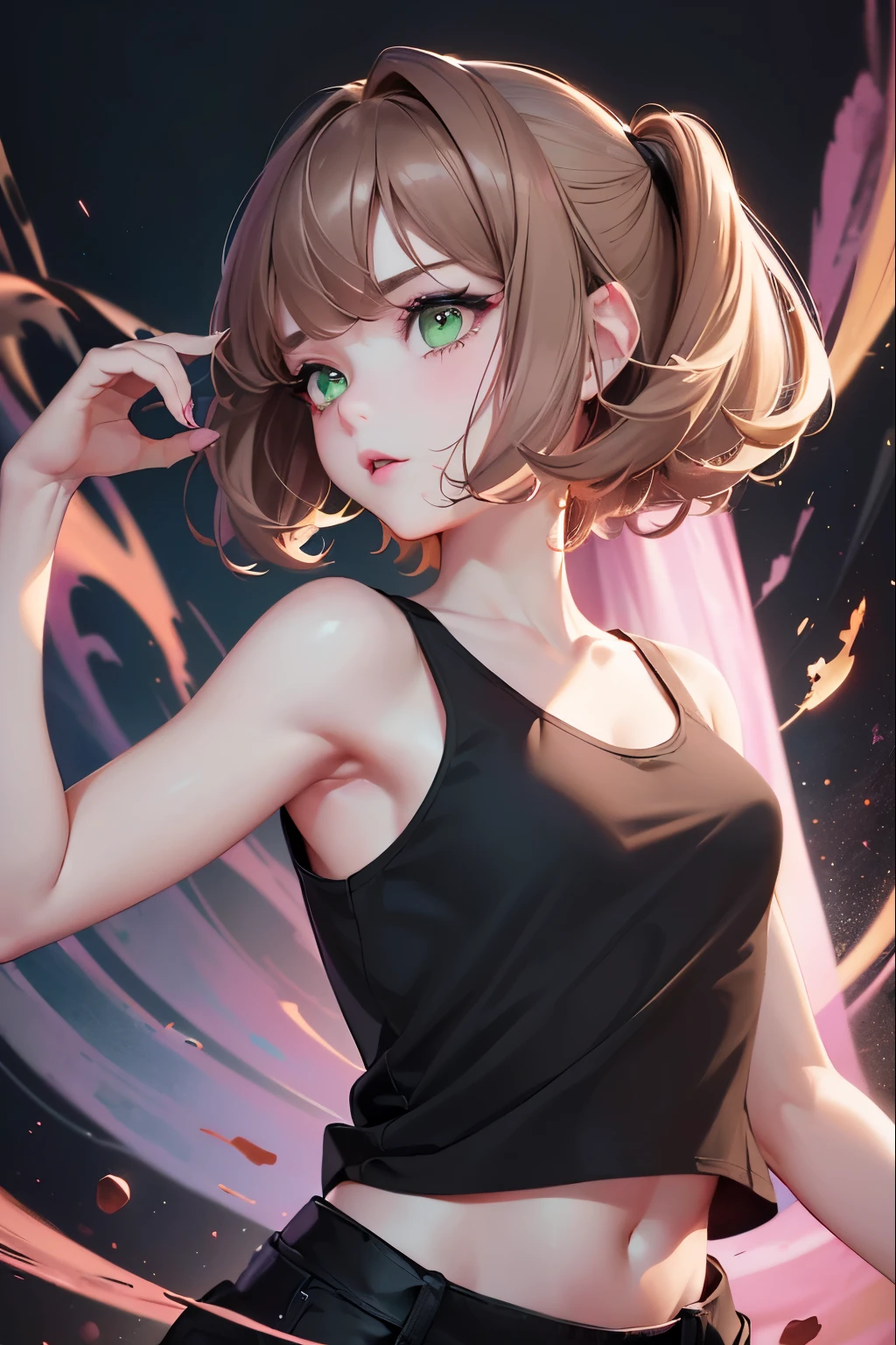 4K quality:1.2,1girl,Super beautiful illustration,((One-sided up-up hair,pale brown:1.2)),(Beautiful green eyes),pink lipstick,pink eyeshadow,(black color,short tank top),(black color,short skirt)